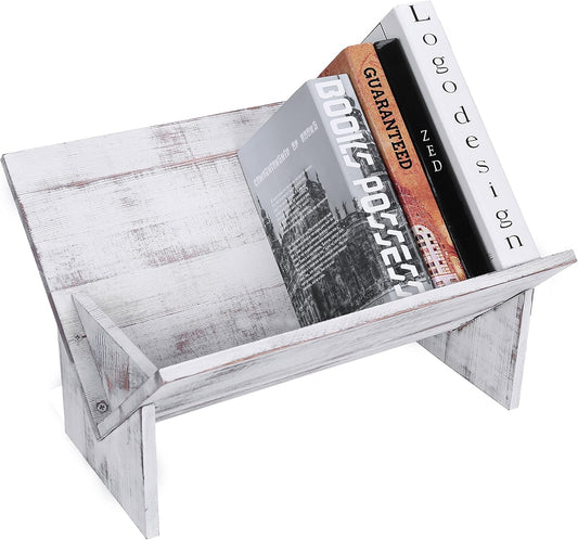MyGift Shabby Whitewashed Solid Wood Desk Top Tilted Small Bookshelf, Decorative Wooden Tabletop Book Stand
