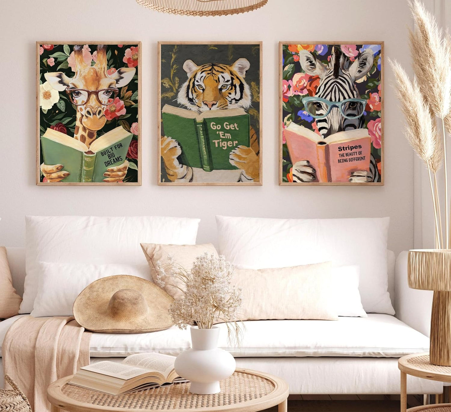 Funny Whimsical Animal Wall Art Motivational Tiger Giraffe and Zebra Reading Book Pictures Nursery Decor Humorous Bookworm Posters Literary Animal Print Artwork for Library Office Study, Unframed
