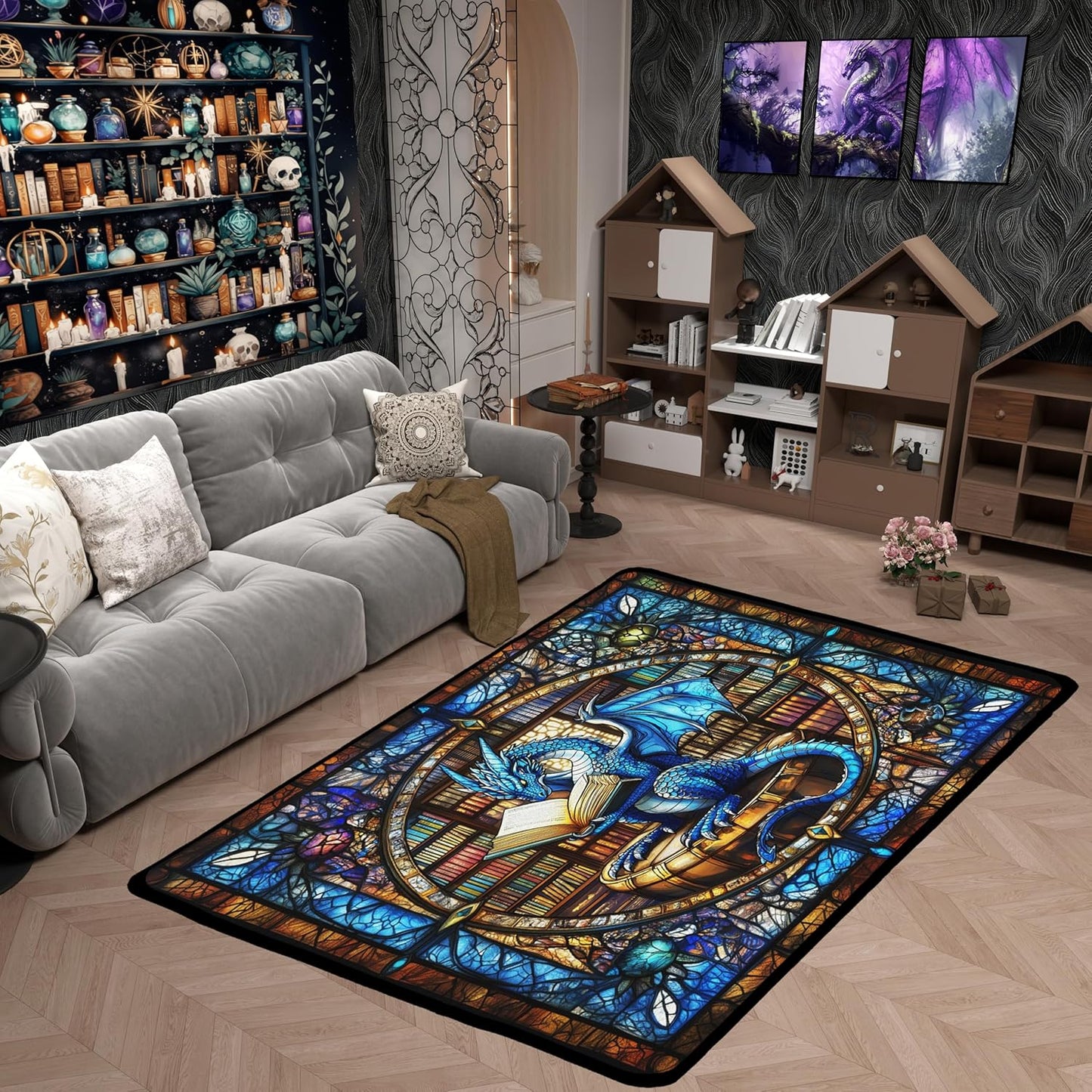 Western Dragon Kids Area Rug,Blue Dragon Reading Book Bookshelf Mats Rugs for Boys Girls,Geometric Patchwork Abstract Bath Carpets,Trippy Chic Bath Rugs,Absorbent Floor Mats,5'x6'6''