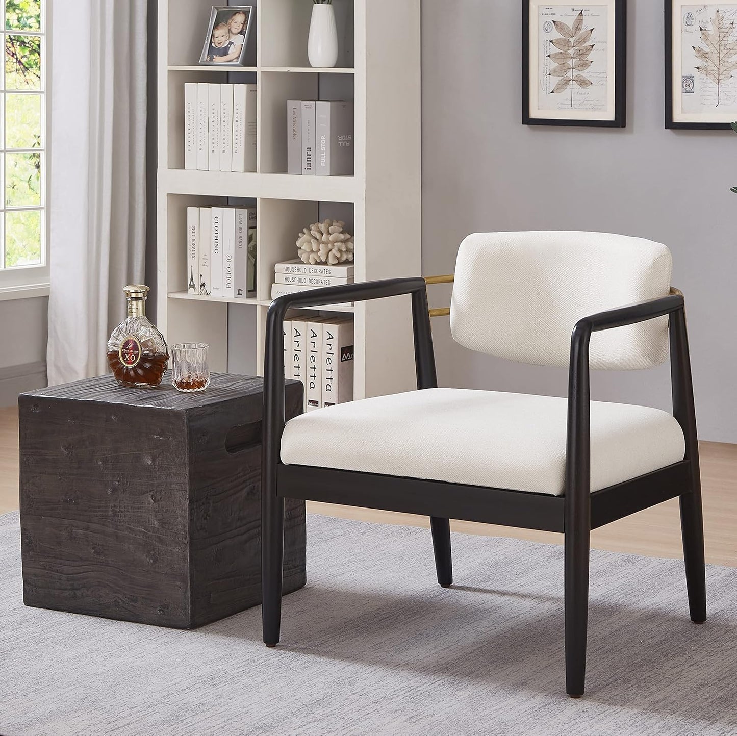 Ball & Cast Modern Accent Chair Upholstered Club Chair Comfy Side Armchair with Wooden Frame, Ivory