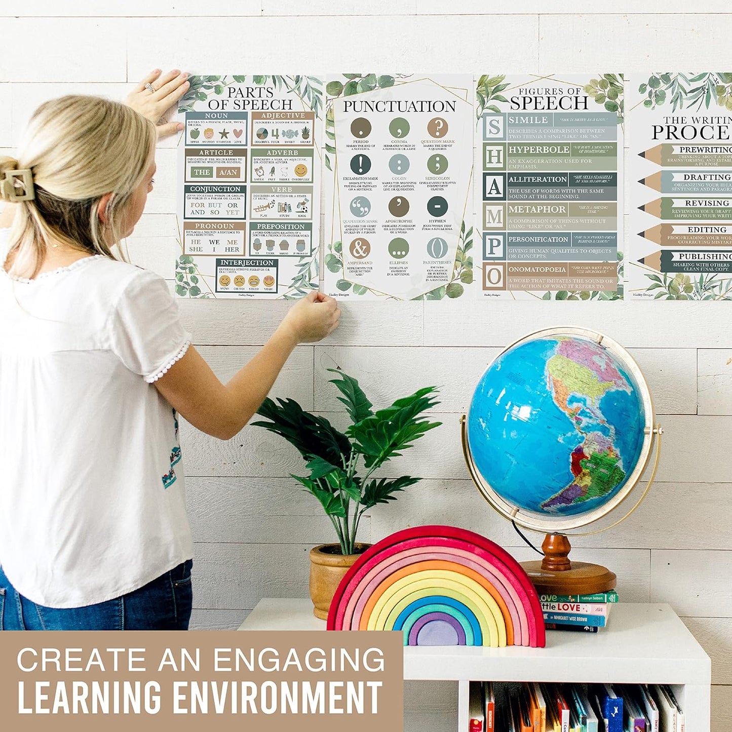 Hadley Designs Parts of Speech Posters For Classroom -4 English Grammar Posters, Writing Process Punctuation Nouns Verbs Adjectives, Language Arts Elementary Middle School, Greenery Classroom Decor