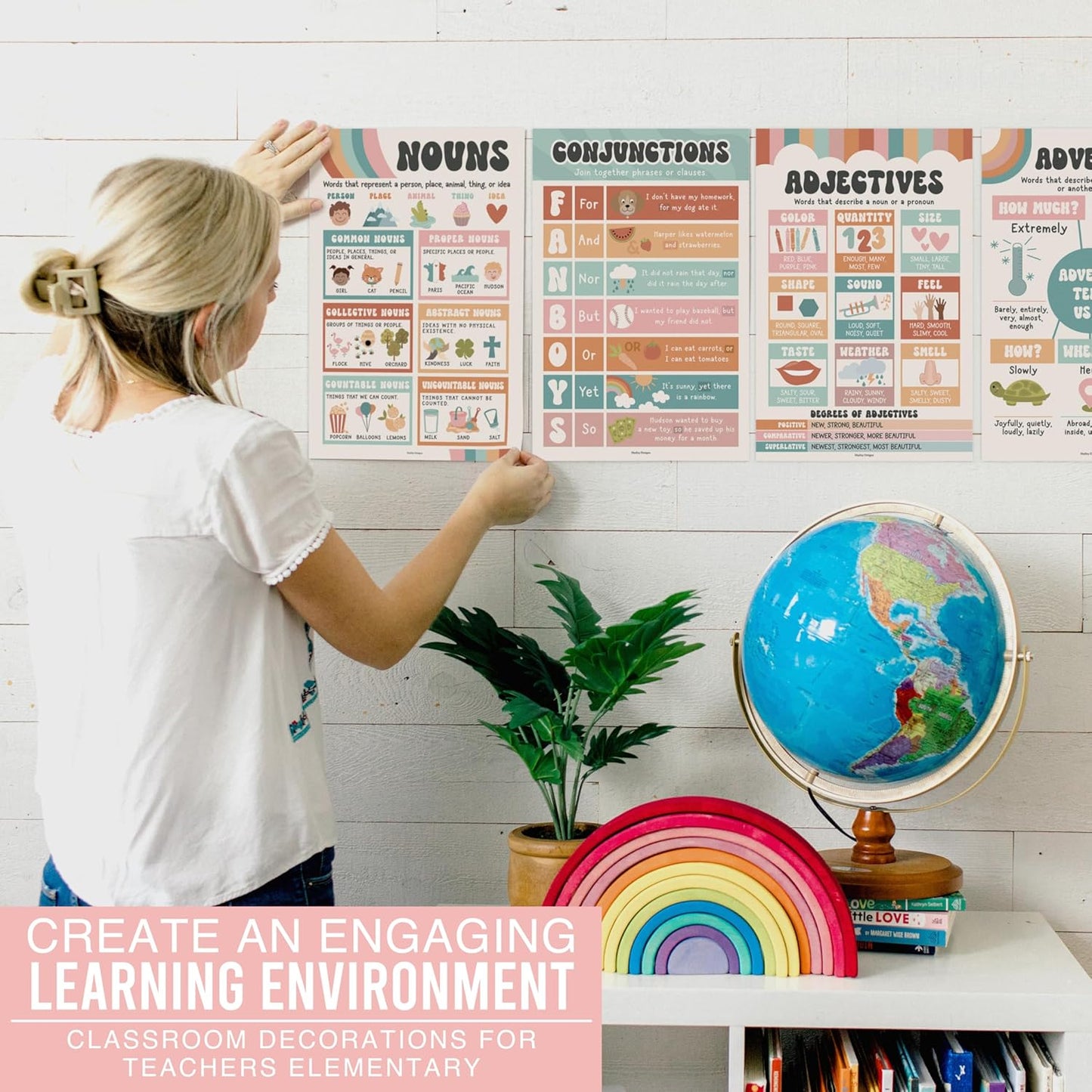 Hadley Designs Parts of Speech Posters for Classroom Decor - 12 English Grammar Posters for Classroom, Writing Process Language Arts Elementary & Middle School, ELA Retro Teacher Must Haves