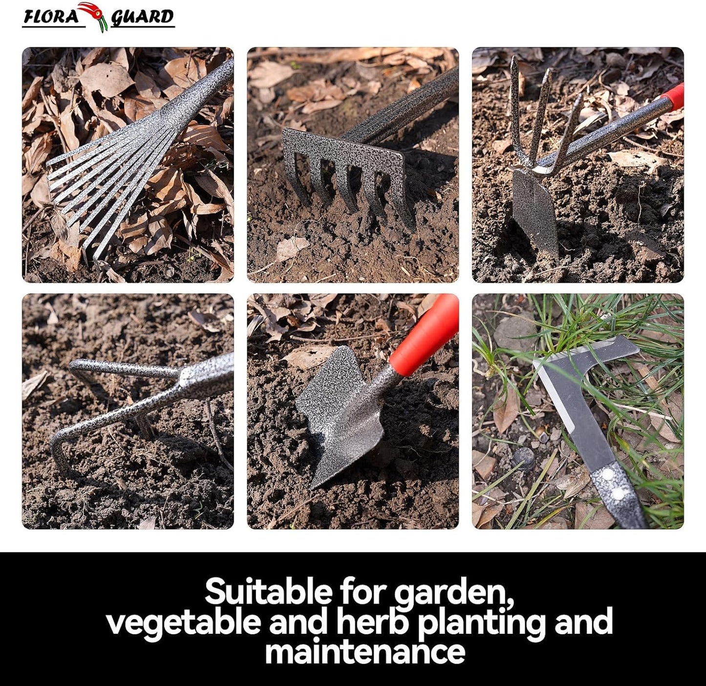 FLORA GUARD 6-Piece Garden Tool Set, Heavy Duty Gardening Hand Tools,Includes Trowel, Rake, 2-in-1 Hoe & Crack Weeder, Durable Yard Gardening Tools, Ideal Gardening Gift for Men & Women