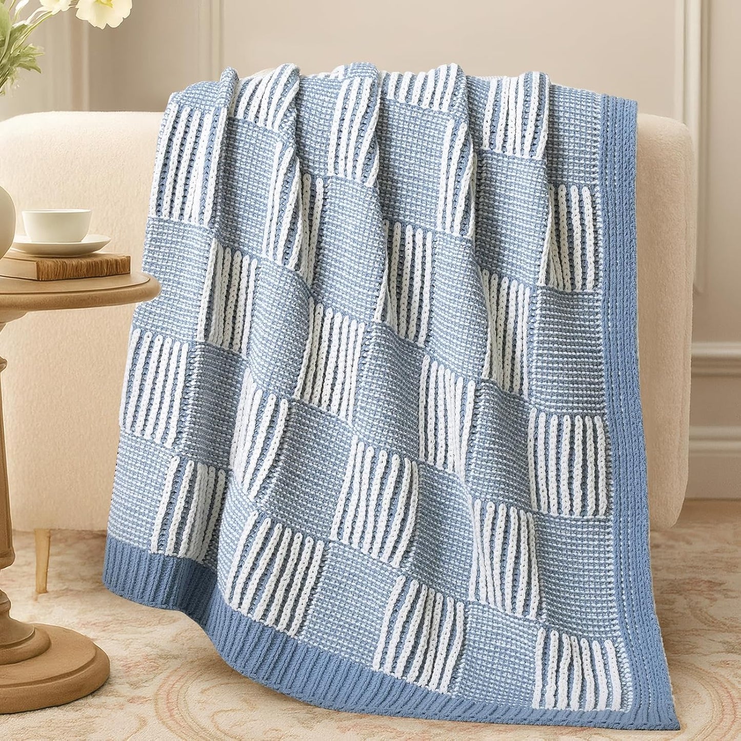 Amélie Home Checkered Knit Throw Blanket for Couch, Chenille Texture Decorative Soft Blanket for Sofa & Chair, 60"x80", Blue & Ivory