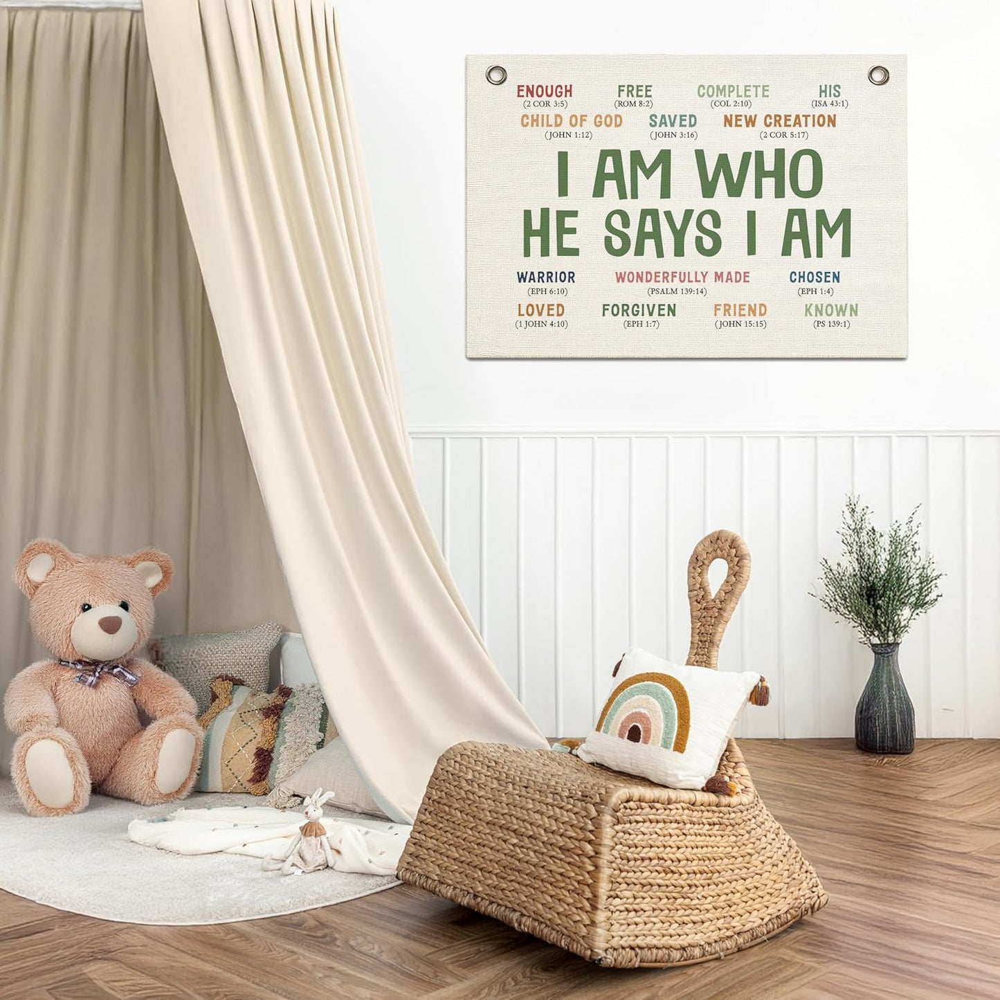 Christian Wall Decor Banner, Inspirational Religious Bible Verse Decor, Canvas Hanging Flag Banner Wall Poster Sign, Positive Growth Mindset Quotes for Kid's Room Classroom Homeschool -I Am Who He Says I am