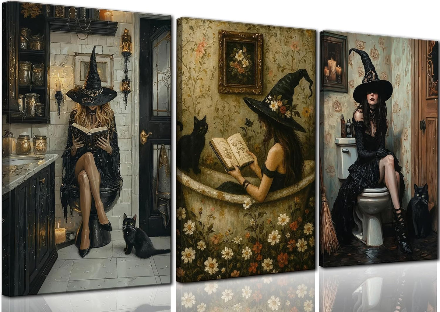 3Pcs Gothic Bathroom Canvas Wall Art Black Cat and Witch Reading Book in Bathtub Poster Prints Dark Academia Wall Decor picturesfor Bathroom Gallery Toilet Restroom Home Decoration