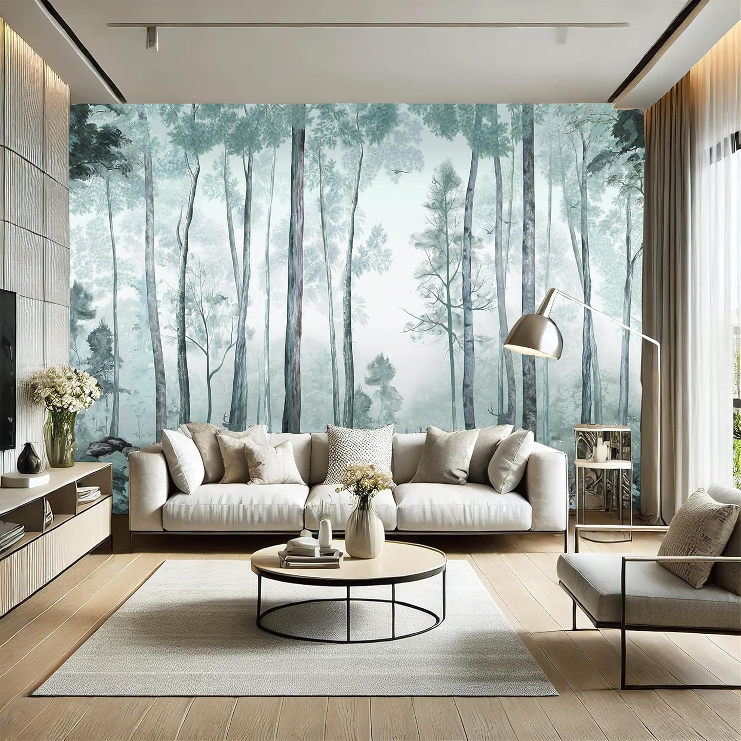 AMUGISH Misty Forest Wall Mural – Tranquil Woodland Scene Wallpaper with Deer and Soft Greenery, Peel and Stick - Ideal for Living Rooms, Bedrooms, and Nurseries