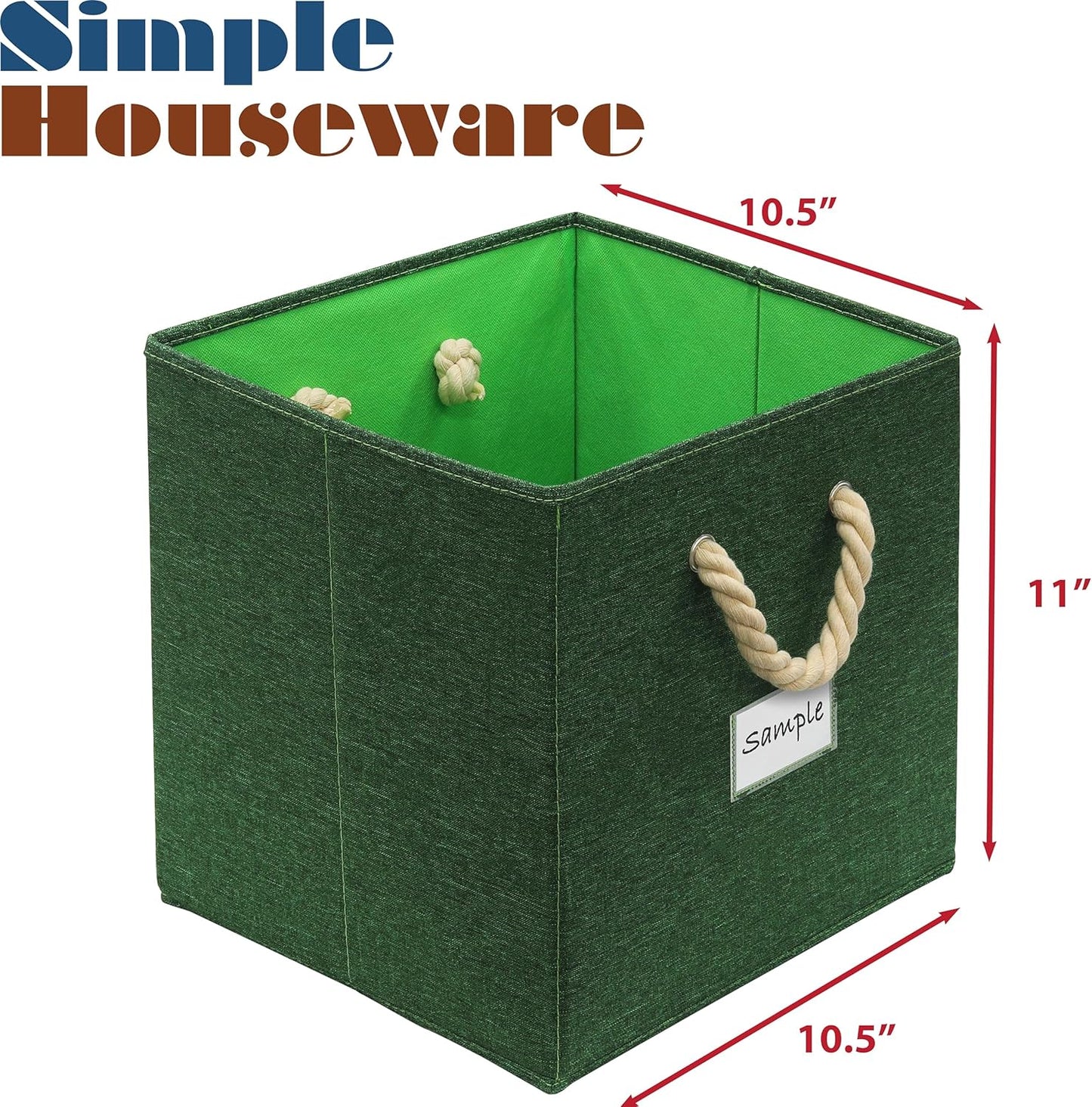 SIMPLE HOUSEWARE 11-Inch Cube Storage Bin With Braided Handles, 4 Pack, Green