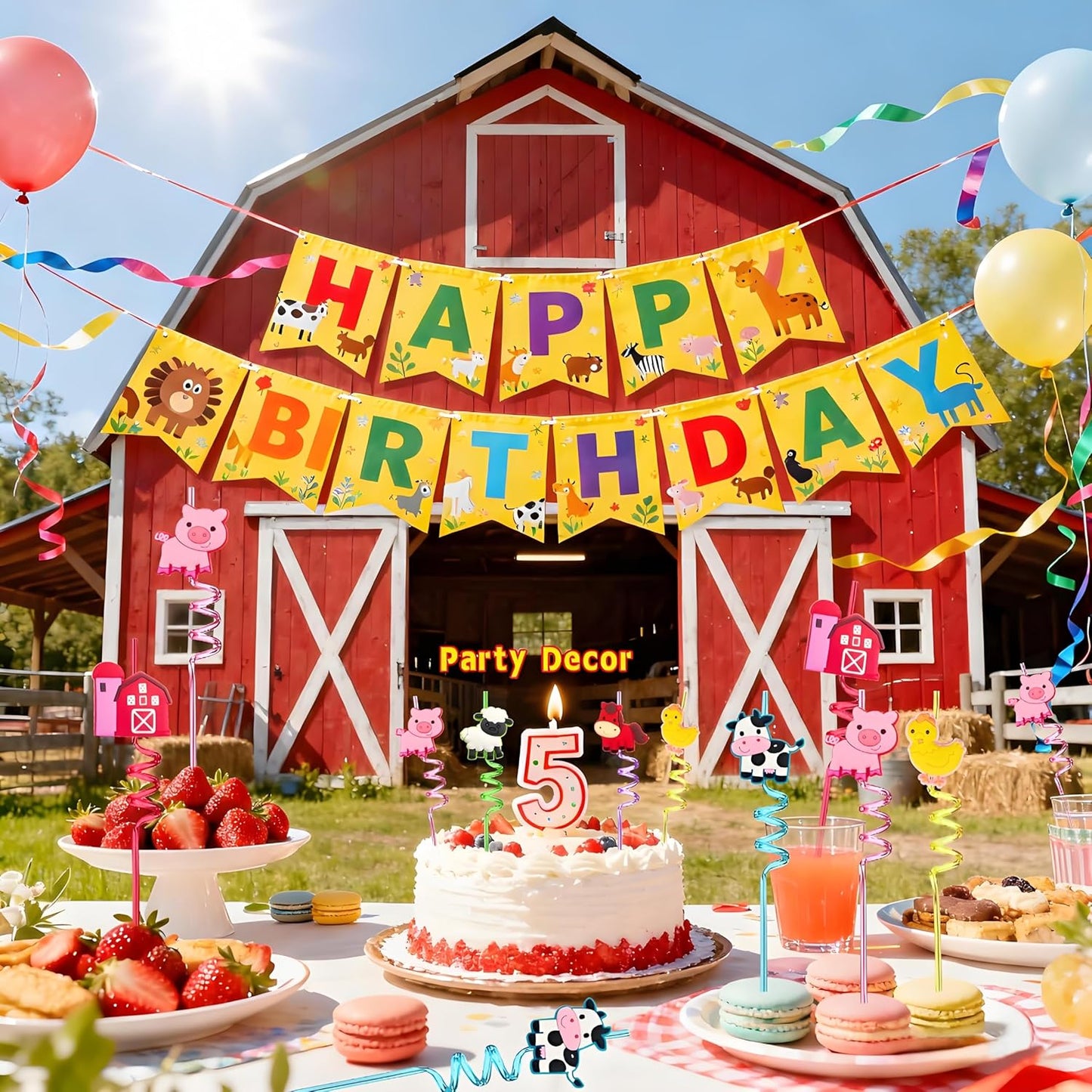 24Pcs Reusable Farm Animal Party Favors Plastic Straws-Farm Birthday Themed Party Decorations-Horse Cow Duck Sheep Pig Tractor Barnyard Farm Birthday Party Supplies-Gift Favors with 2 Cleaning Brushes