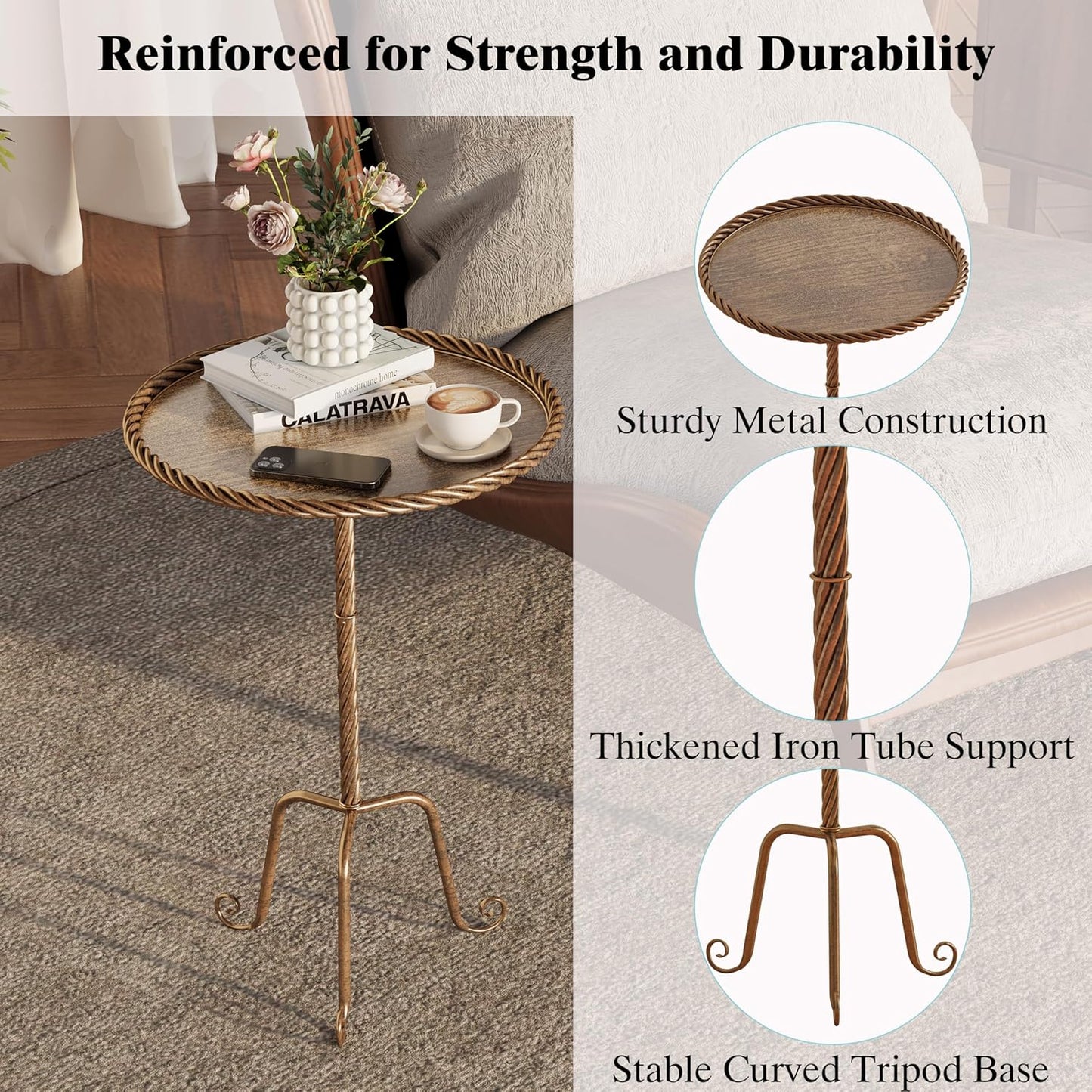 Vintage Bronze Round Metal Side Table with Raised Rim, Twisted Pedestal and Curved Tripod Base, Compact Art Deco Drink Table,13" Accent Table for Living Room, Bedroom or Corners (1, Bronze)