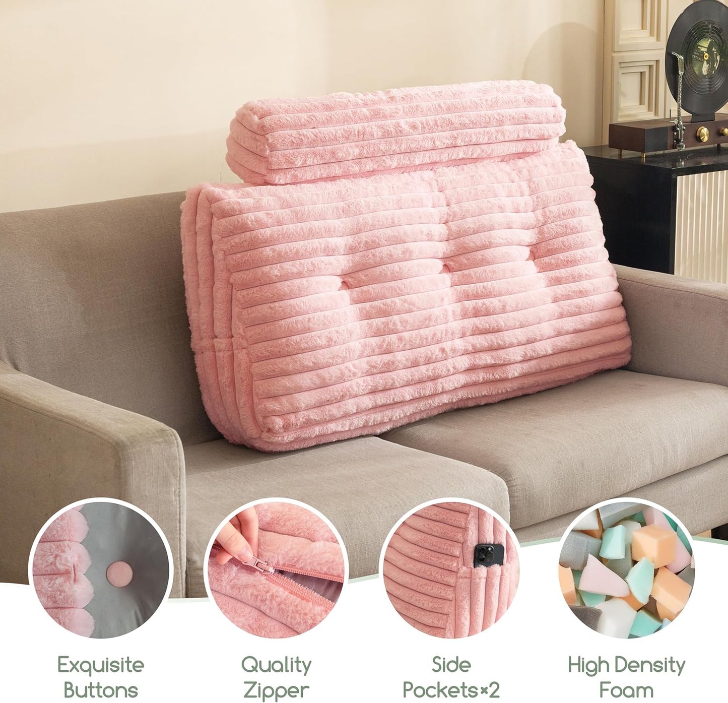 HIGOGOGO Triangular Headboard Wedge Pillow with a Cylindrical Pillow and Memory Foam Filling, Daybed Pillows for Sitting up, Reading or Working with Removable Cover,Twin 39.4"x19.7"