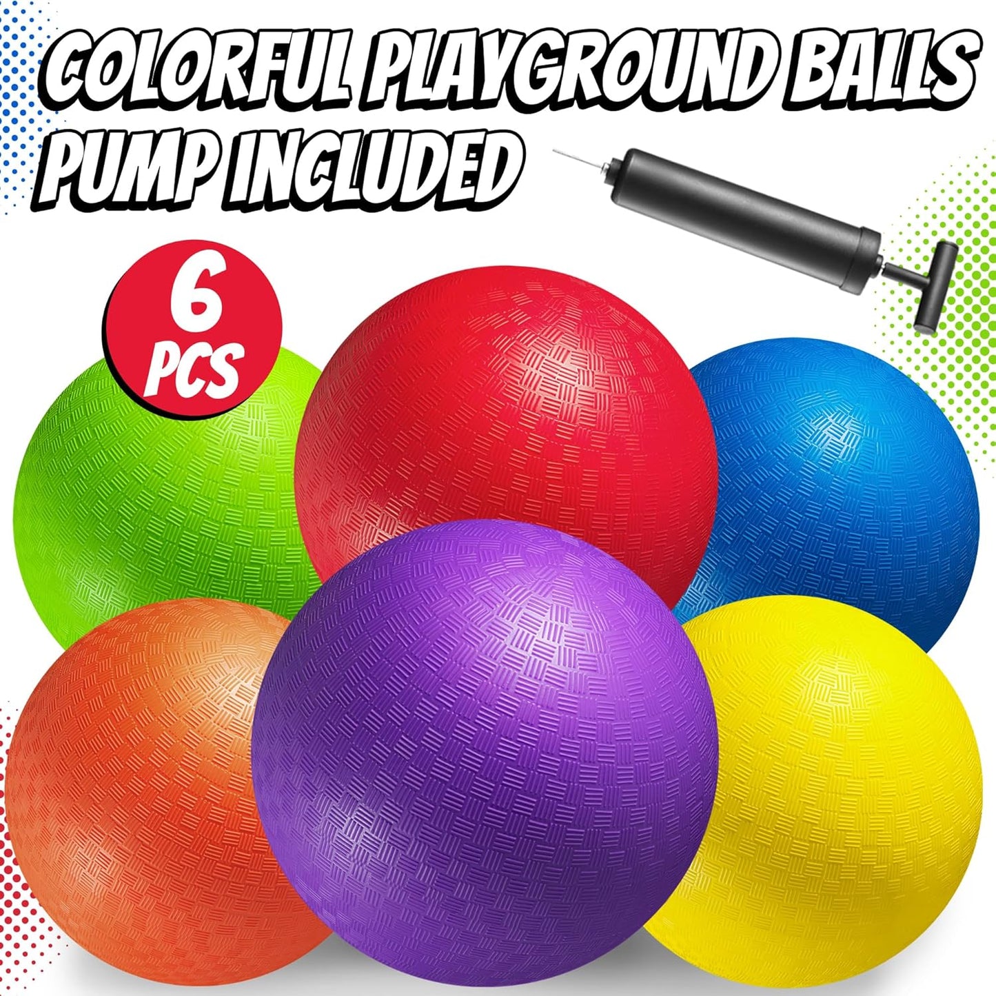 8.5 Inch Playground Balls Dodgeballs for Kids & Adults - (Pack of 6) Inflatable Rubber Indoor Outdoor Bouncy, Kickballs, Four Square and Handballs for School, Gym, Recess and More with Ball Pump