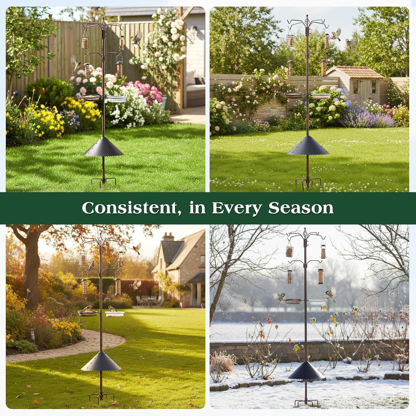 Bird Feeder Station Kit - Wild Bird Feeder Pole with Multi Feeder, Suet Cage, Planter Hanger with Squirrel Guard Baffle for Attracting Birds