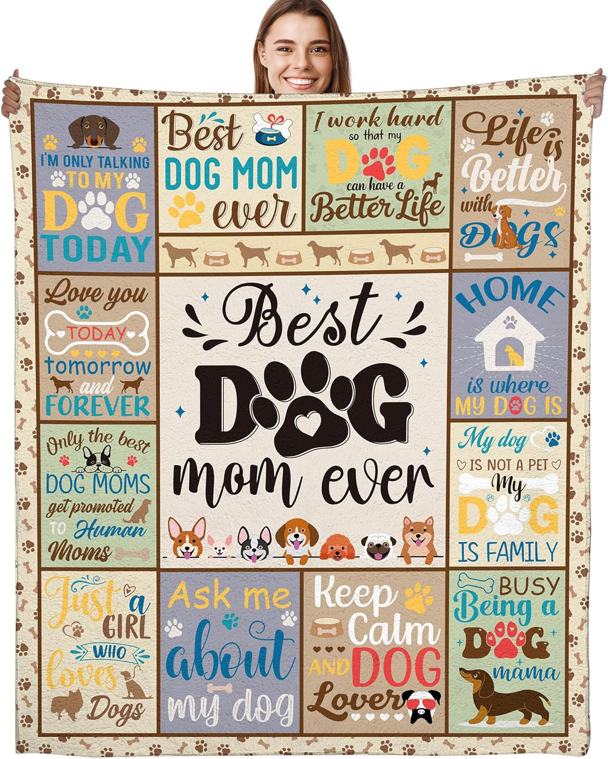 Dog Mom Gifts for Women, Funny Dog Lover Throw Blanket with Cute & Inspirational Quotes, Soft Cozy Fuzzy Flannel Blanket for Pet Lovers, Friends, and Family (50" x 60")