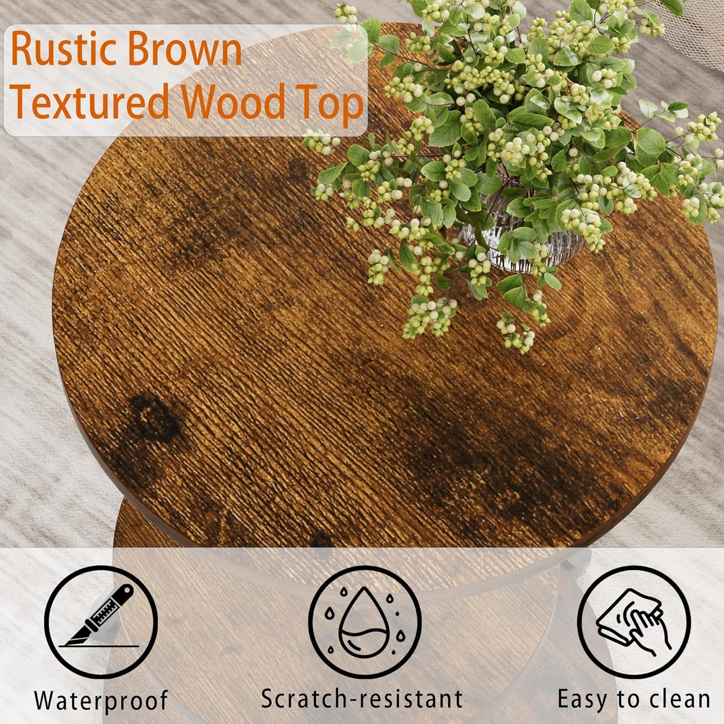 Round Side Table, 15.7" 3-Tier End Table for Living Room, Vintage Accent Table for Small Spaces with Sotage Shelf, Nightstand Wood Metal Coffee Table for Sofa Couch Bedroom, Rustic Brown, Large