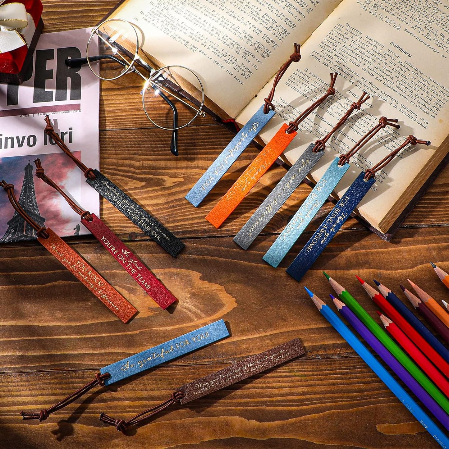 Kosiz Set of 50 Thank You Gifts Leather Bookmark Bulk Employee Appreciation Gifts Inspirational Leather Page Markers with Thank You Tag Organza Bag for Nurse Teacher Book Lovers Book Club