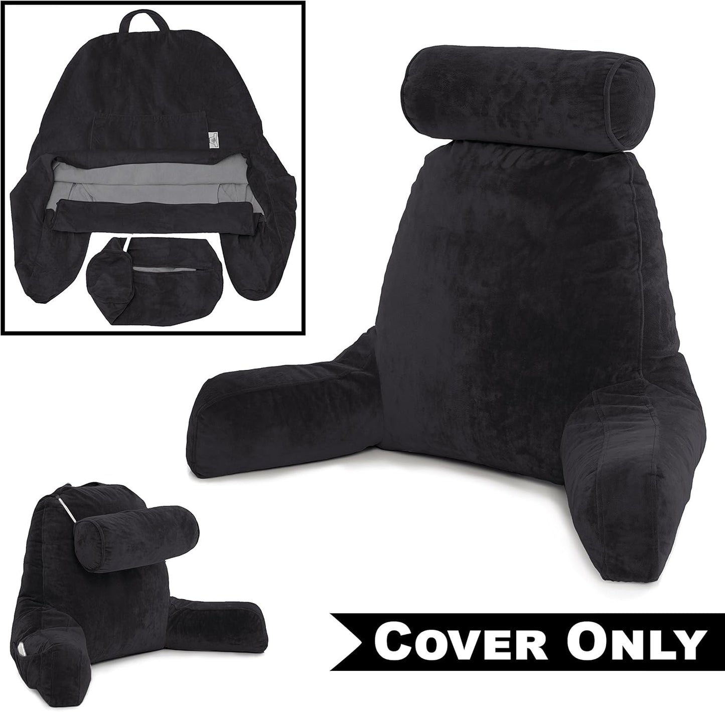 Husband Pillow XXL Cover Only Black, Cozy Microfiber Bed Rest Pillow Cover with Arms - Array of Colors - Generous Side and Back Pockets for Your Favorite Comfy Reading Pillow