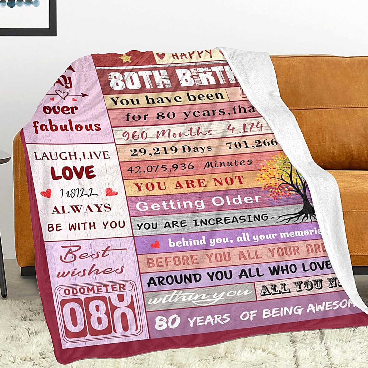 80th Birthday Gifts for Women Blanket, Happy 80th Birthday Gifts for 1945 Women, Colorful Tree Blanket Gift for 80 Year Old Woman, Soft Comfy Warm Plush Flannel Blanket for Sofa Couch Bedroom 60"X50"