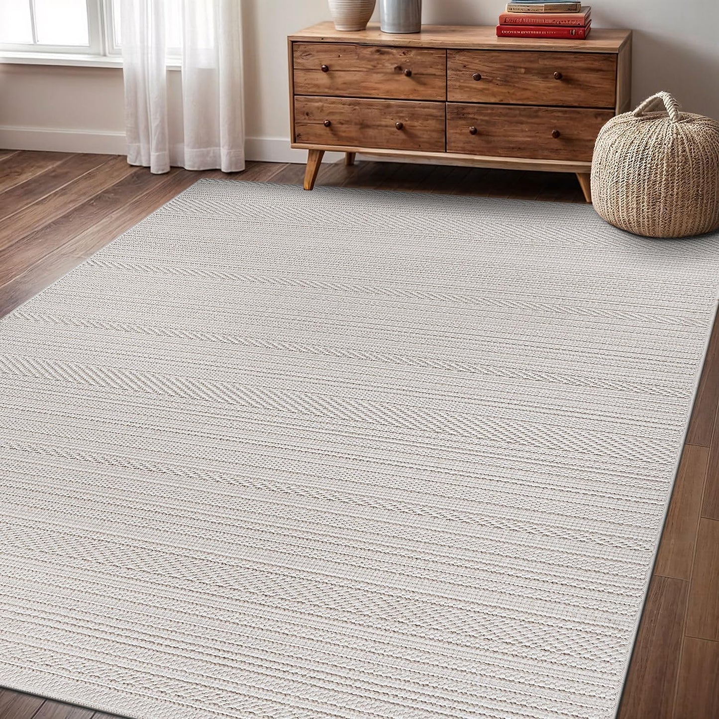 Indoor Area Rug 8x10 White Polyester Indoor Rugs Stripe Soft Loop Easy Clean Carpet for Living Room Bedroom Dining Room Hallway Office Entryway (8 X 10 White)