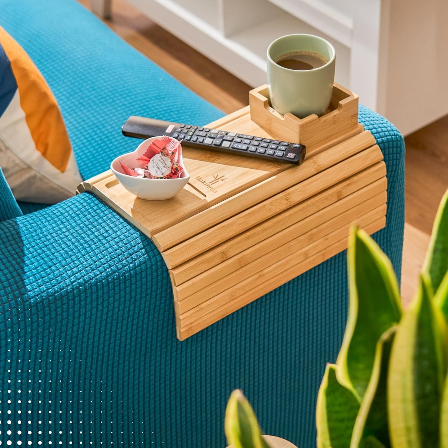 Bamboo Couch Cup Holder – Eco-Friendly Sofa Arm Tray Table with Cup Holder for Coffee, Snacks & Phone – Foldable Bamboo Couch Arm Table, Anti-Slip Armrest Tray for Couch