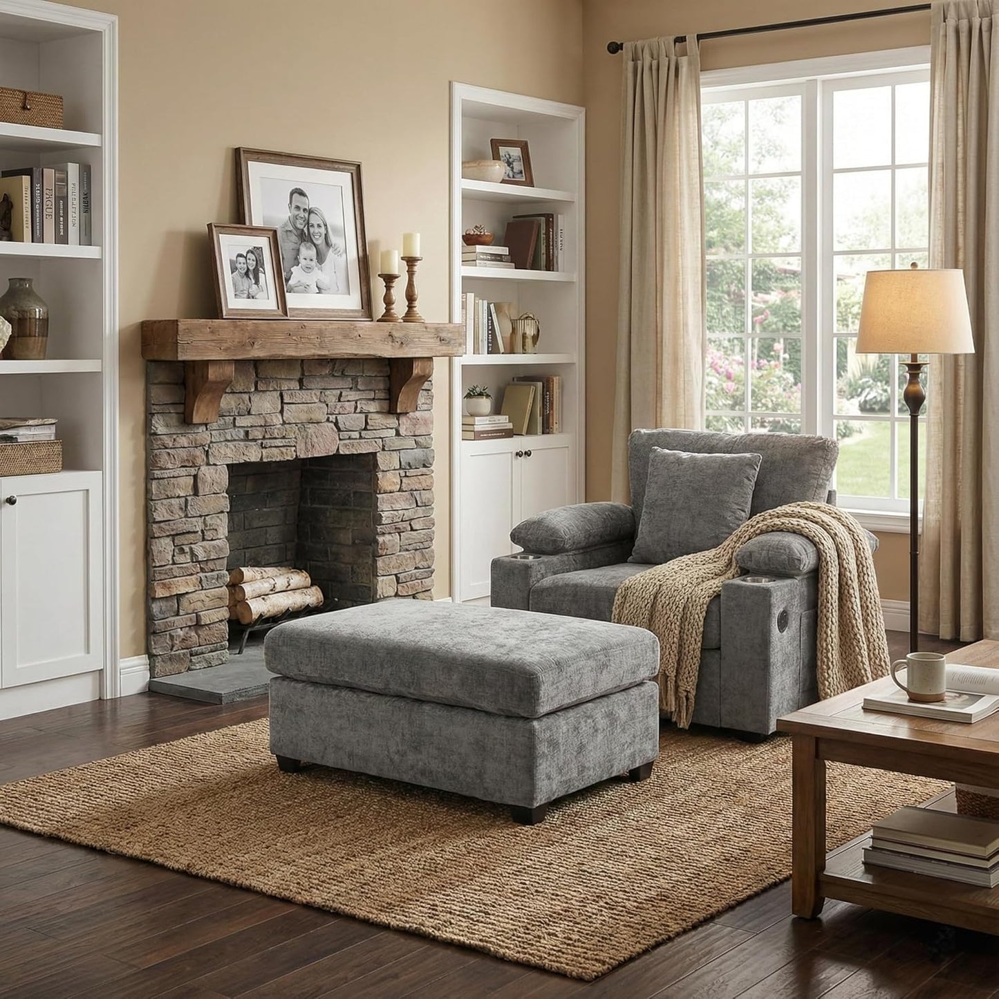 Modern Ergonomic Accent Chair with Ottoman - Supportive Oversized Lounge Chair for Living Room, Bedroom, Reading, Vanity, Comfy Seating with Lumbar Support, Cup Holders and Stylish Design,Grey-Chenill
