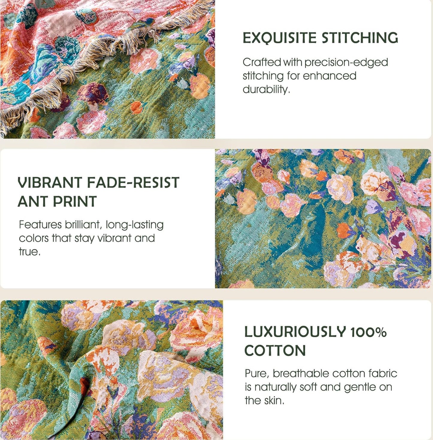 Boho Throw Blanket - 100% Cotton Throw Blankets for Bed Couch, 50"x60" Soft Muslin Lightweight Spring Throw Blanket, Cozy Floral Plant Printed Bohemain Bedding Decor Green Throw Quilt