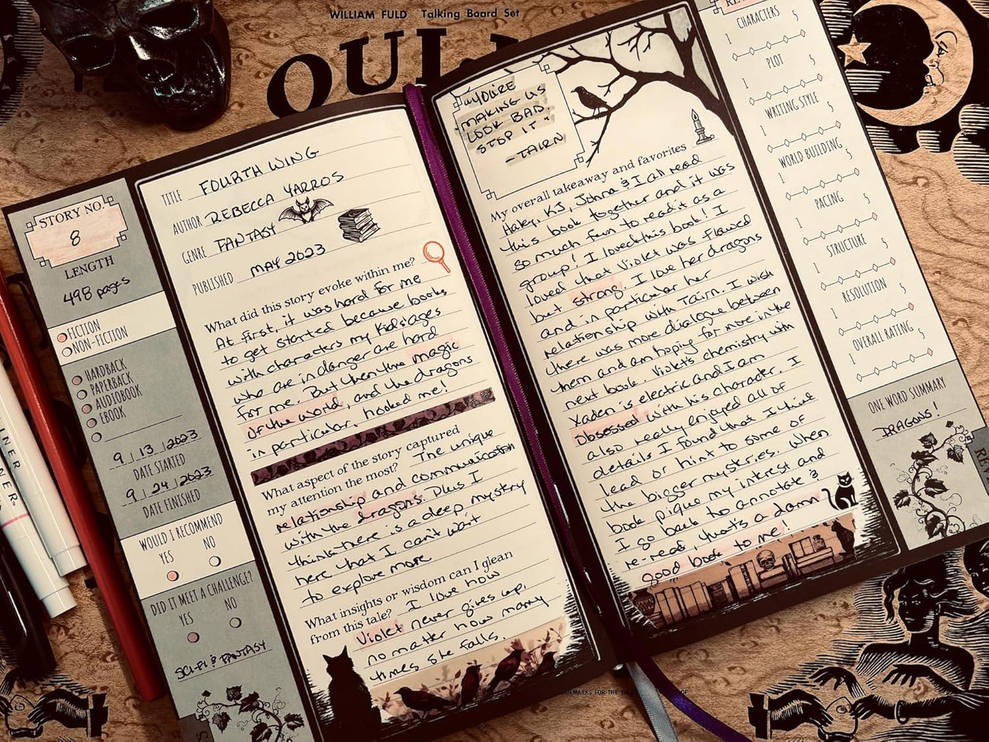 Conquest Journals Waiting for the Night Readers Journal, Gothic Inspired, Journaling for Reading, 150 Pages, 6'' x 8.5'', Lay-Flat Binding, 2 Ribbon Bookmarks & 1 Bookish Sticker Sheet, Gothcore Merch