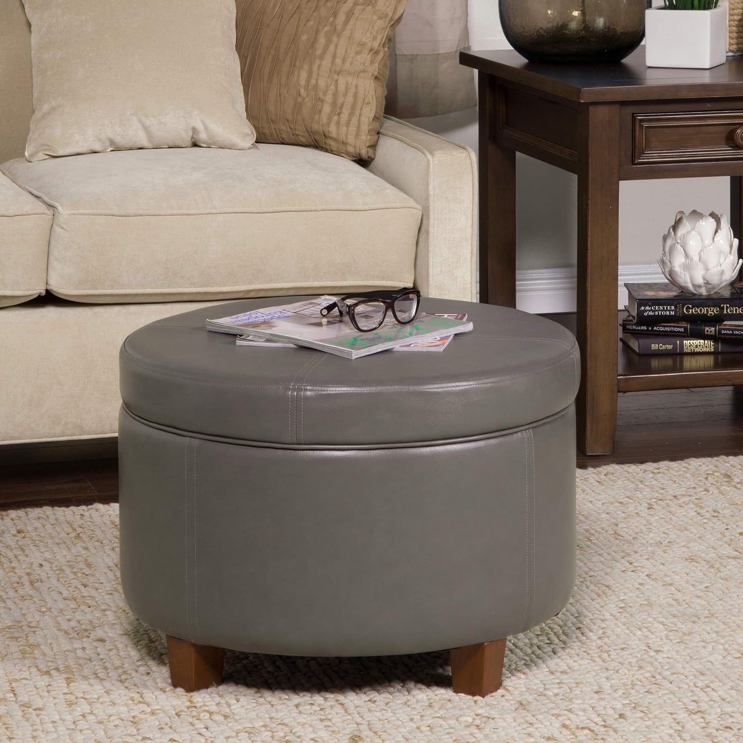 HomePop Round Leatherette Storage Ottoman with Lid, Charcoal Grey Large