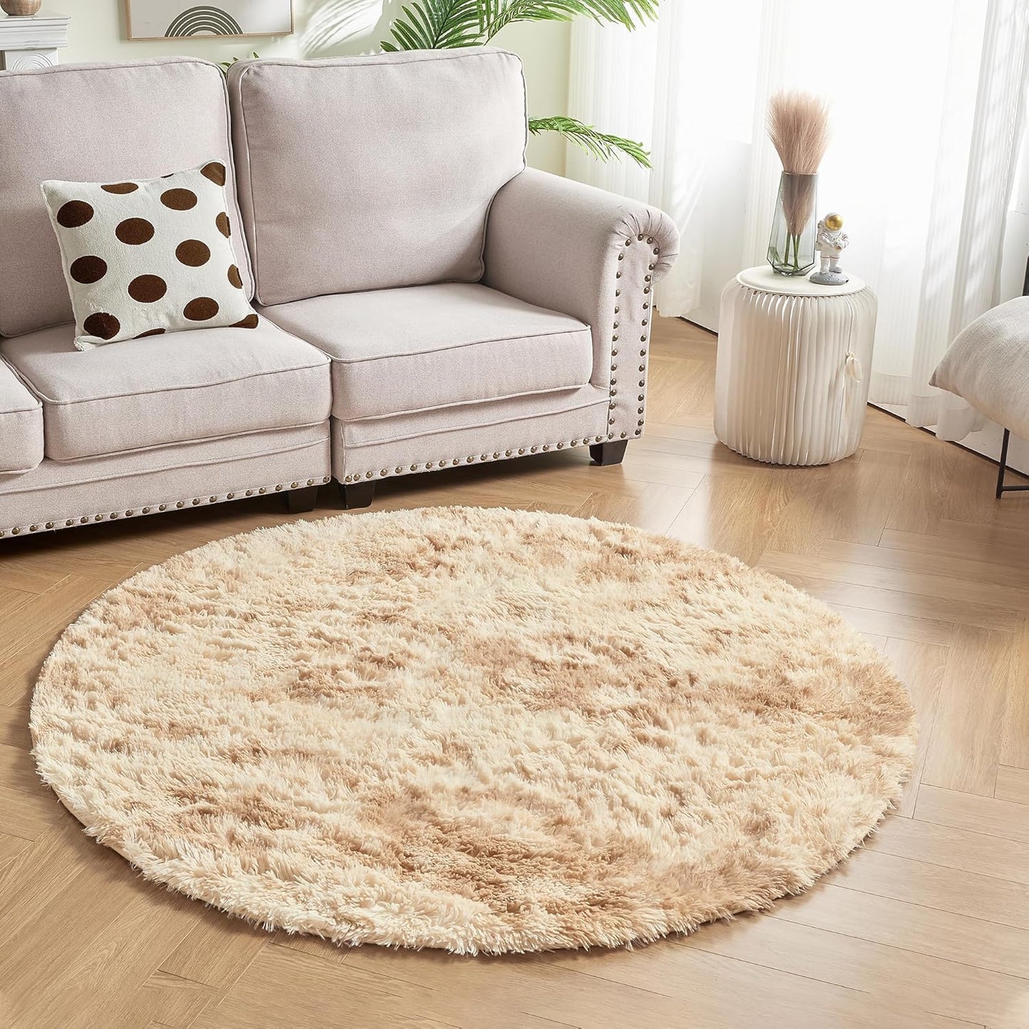 Andency Tie-Dyed Beige Round Area Rug for Living Room, 4x4 Shag Rug for Bedroom, Fluffy Circle Carpet for Home Decor, Room, Fuzzy Plush Circular Rug for Dorm Playroom