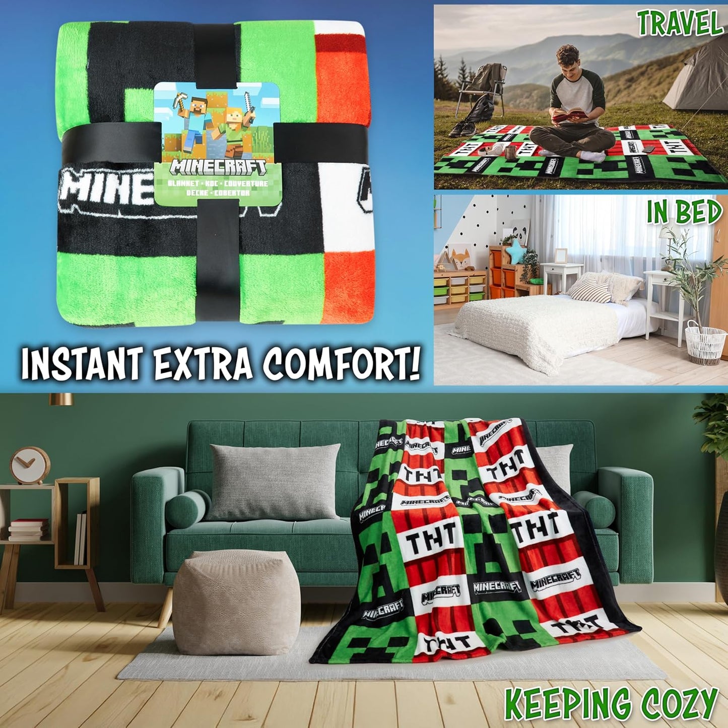 Minecraft Fleece Blanket 61.5 x 50 Soft Plush Throw Blanket Bedding for Gamers Creeper and TNT Gifts for Kids