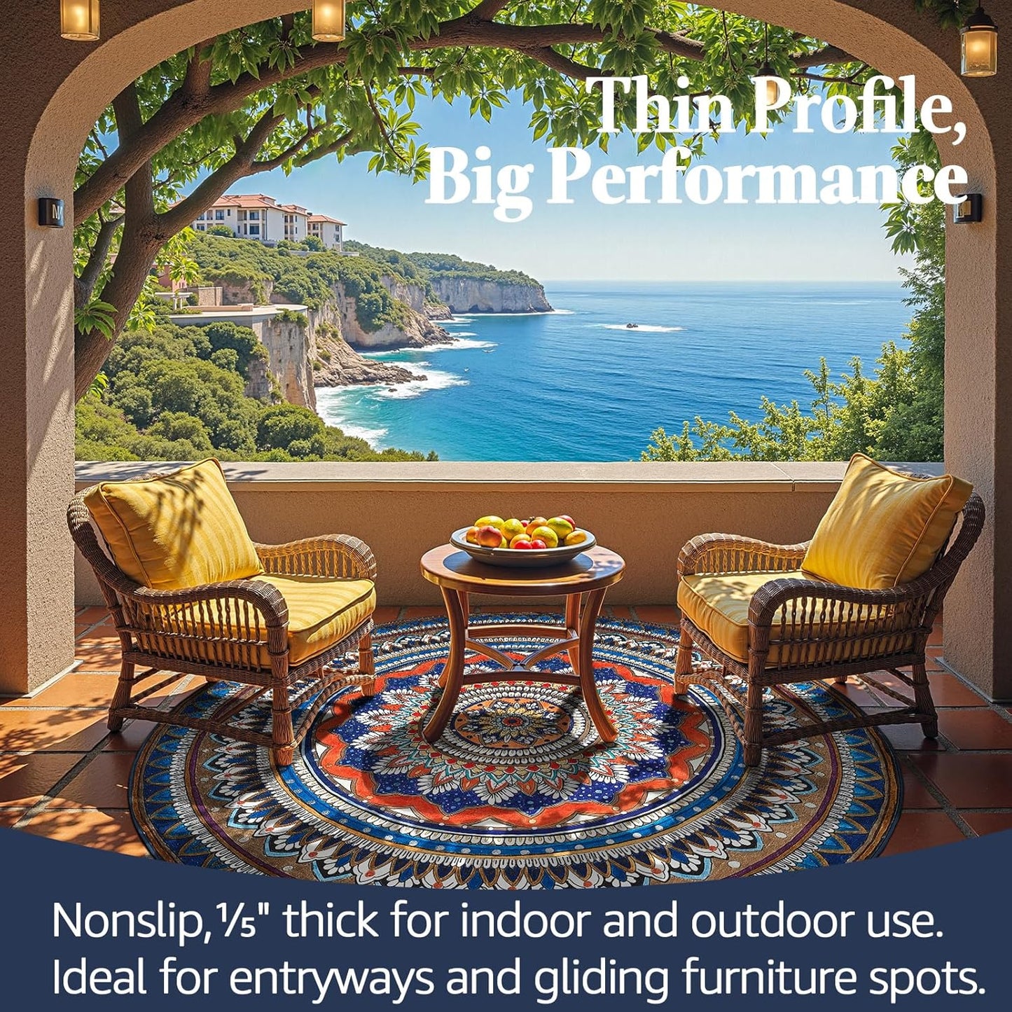 jinchan Mandala Round Rug 8ft Blue Rustic Boho Washable Rug Tribal 8' Round Vintage Peaceful Circle Rug Soft Non Slip Large Low-Profile Carpet for Dining Room Living Room Bedroom Patio, Saffron Blue