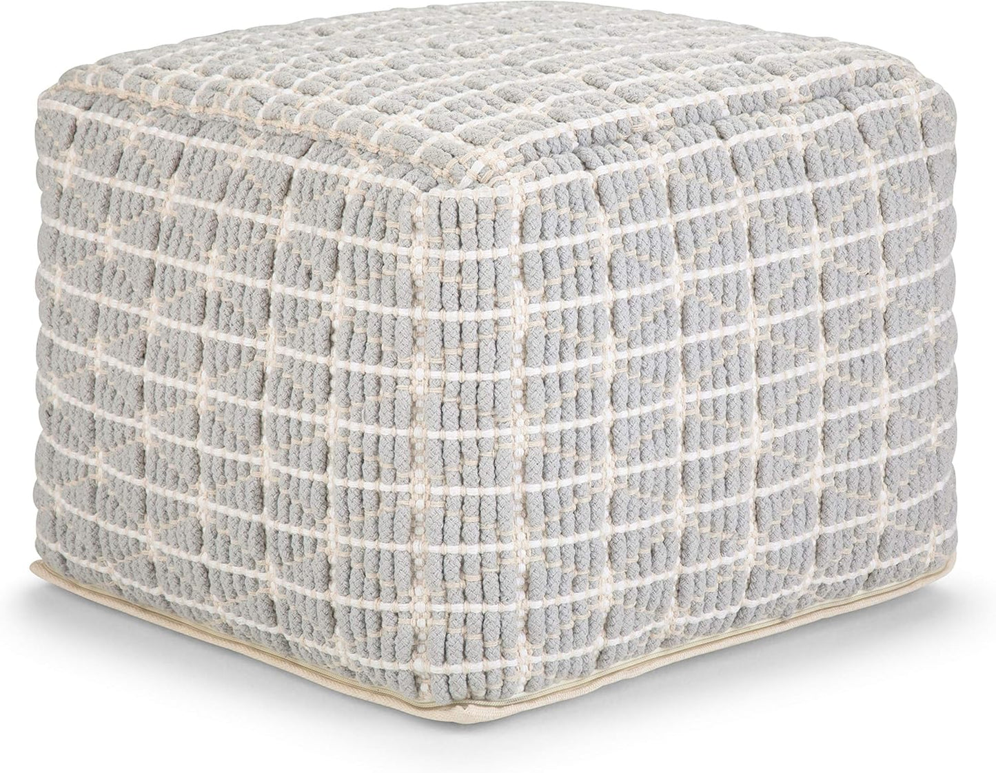 SIMPLIHOME Noreen Square Pouf - 18 inch Wide Upholstered Handwoven Cotton Ottoman in Light Blue and White, Boho Footstool or Extra Seating for Living Room with Polystyrene Filling, Assembled
