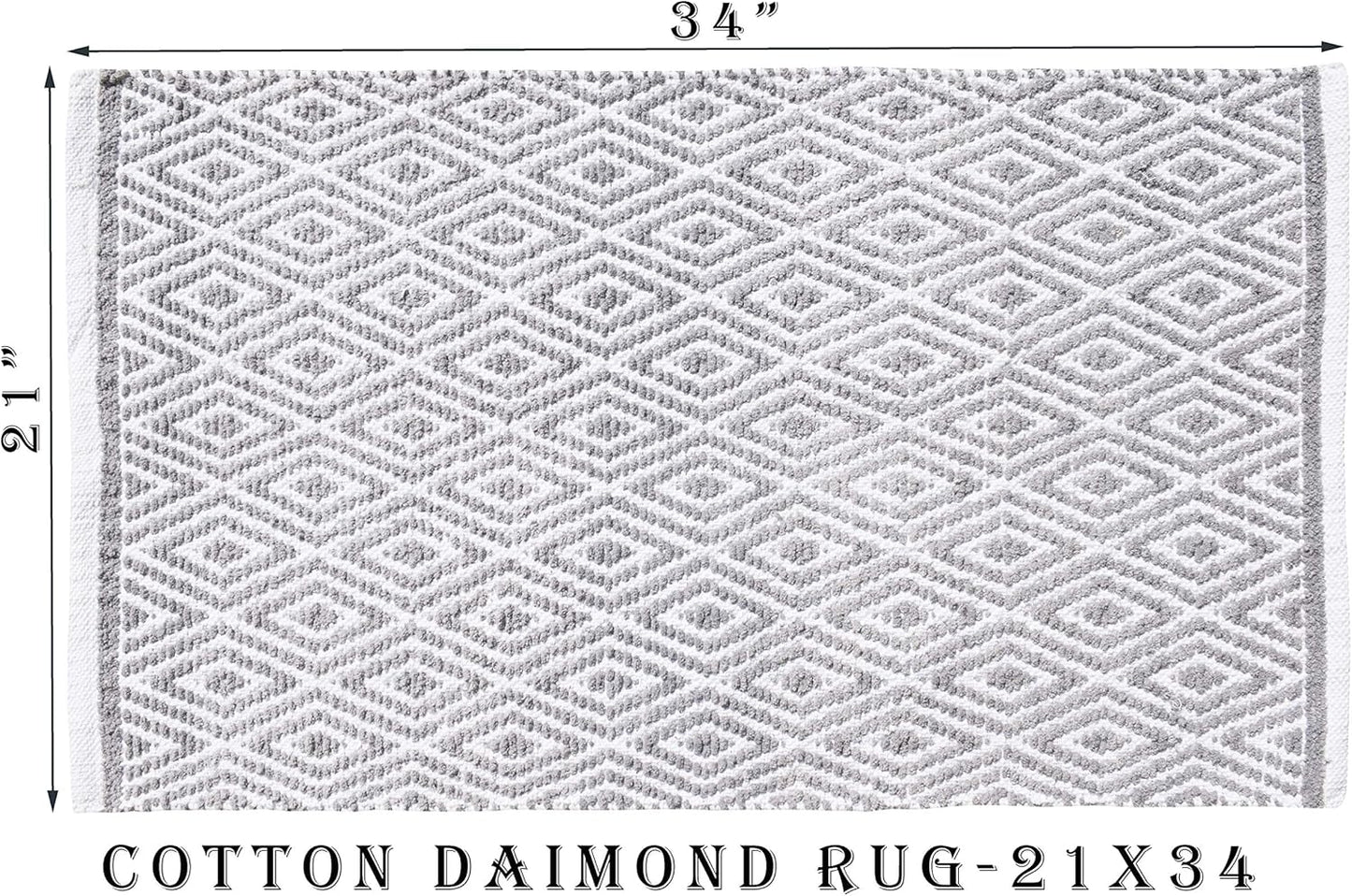 Ramanta Home 100% Cotton Diamond Handwoven Reversible Rug 21x34 Inch– Grey| Soft Washable Area Rug for Bathroom, Kitchen, Bedroom, Entryway | Durable Lightweight Handmade Accent Floor Mat | Boho Décor