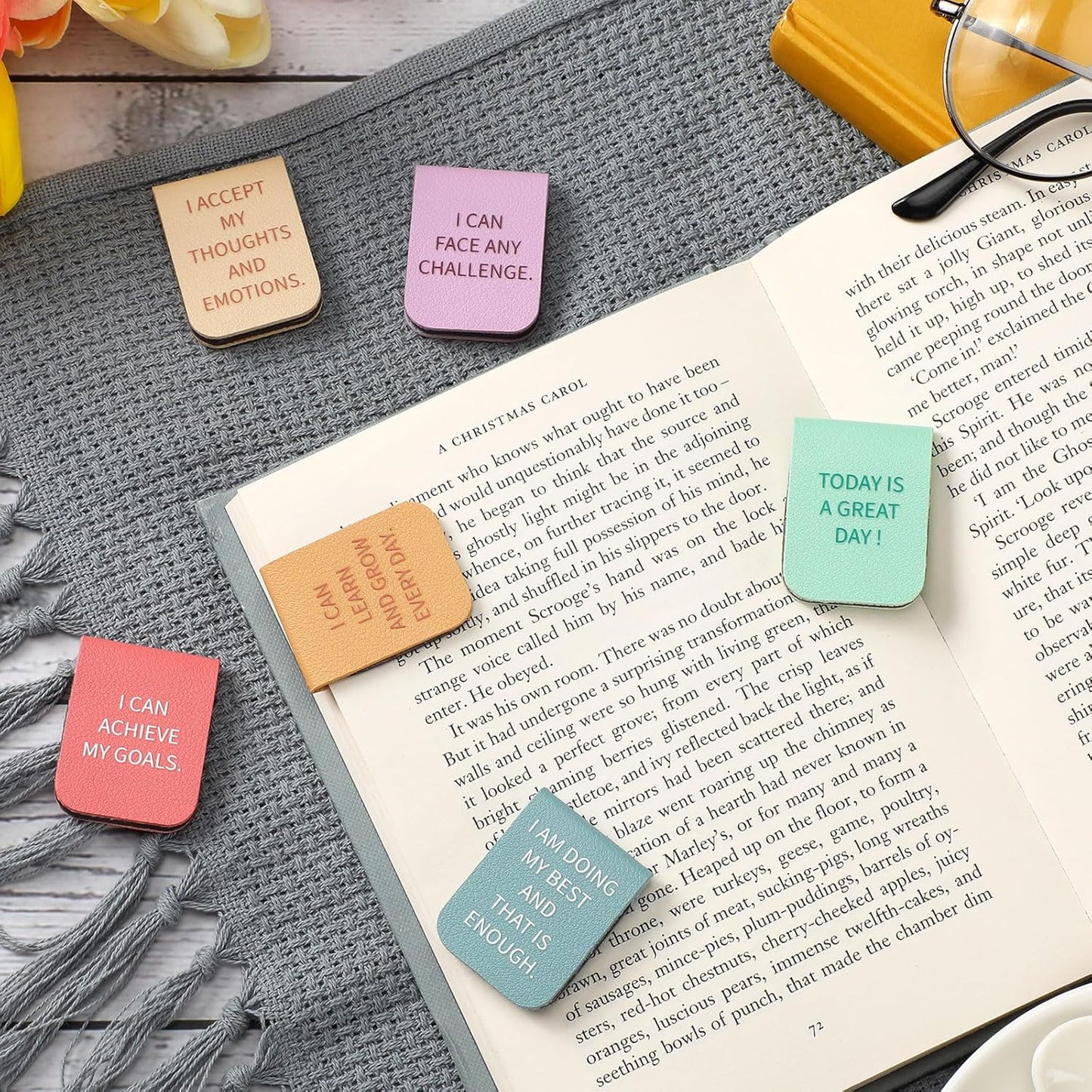 Faccito 6 Pieces Back to School Magnetic Leather Bookmark Inspirational Motivational Bookmark Encouraging Page Clip for Affirmations for Book Lovers Positive Gift School Office Supplies