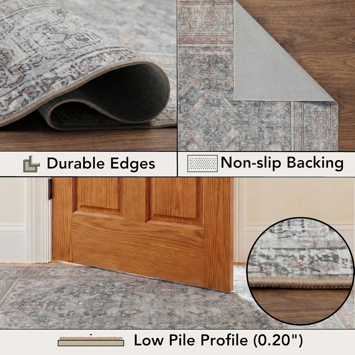 Kuden 4x6 Area Rug, Machine Washable Area Rug with Non-Slip Backing, Vintage Style, Soft, Easy Clean, Low Pile Rug for Living Room, Bedroom, Dining Room