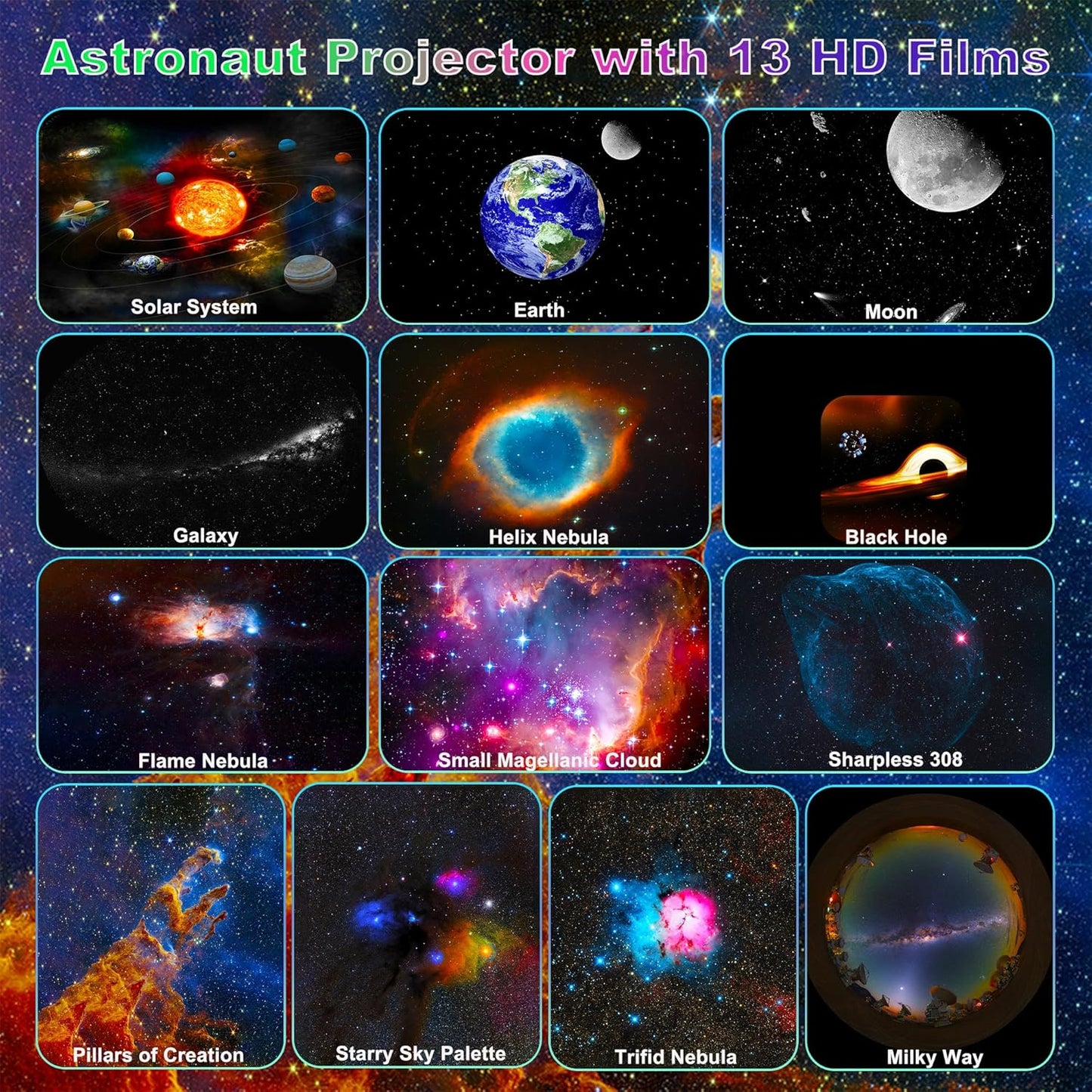 Astronaut Galaxy Projector for Bedroom, HD Galaxy Light Projector with Timer and 360° Rotation, Planetarium Projector with 13 Film Discs and 9 Colors, Star Projector Gift for Kids
