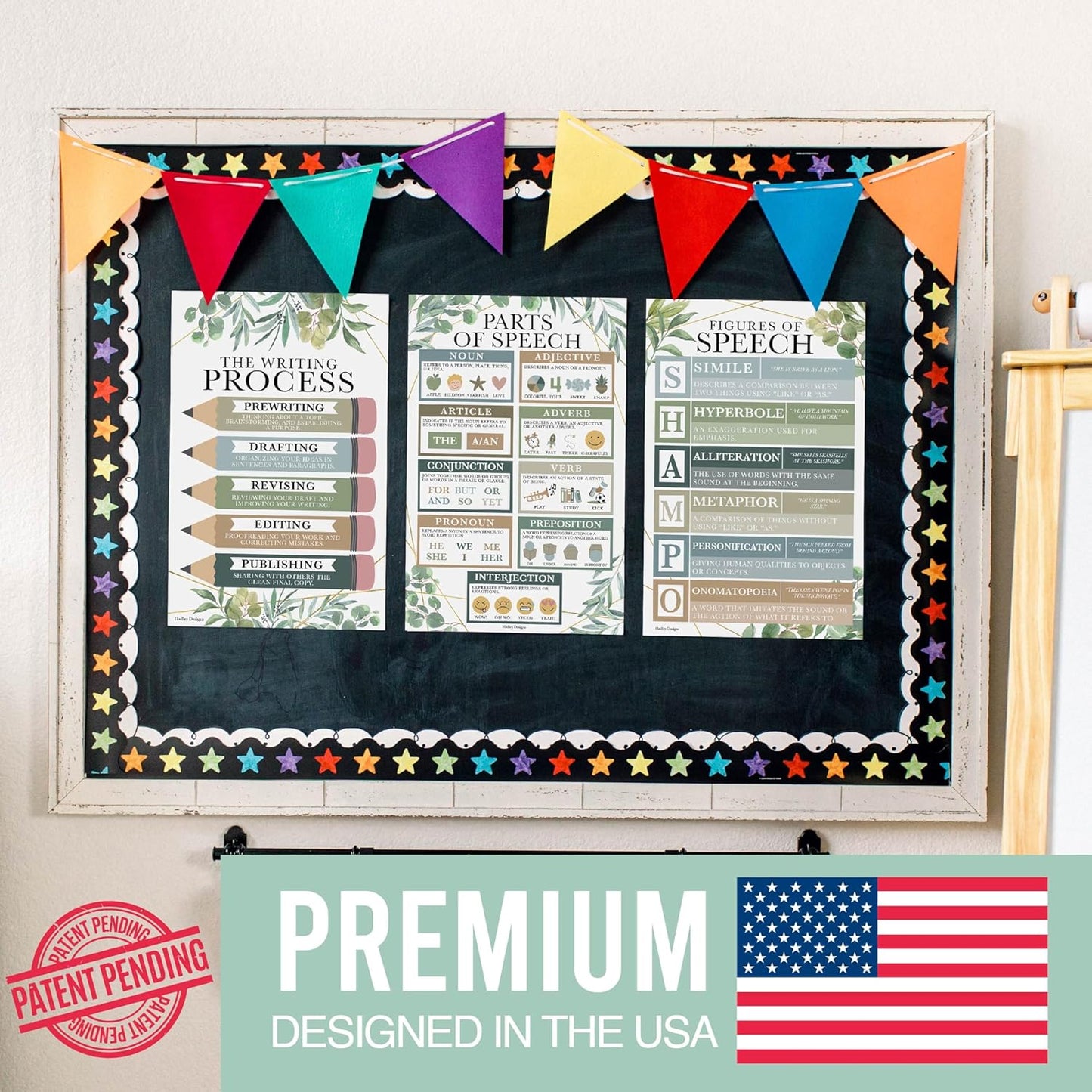 Hadley Designs Parts of Speech Posters For Classroom -4 English Grammar Posters, Writing Process Punctuation Nouns Verbs Adjectives, Language Arts Elementary Middle School, Greenery Classroom Decor