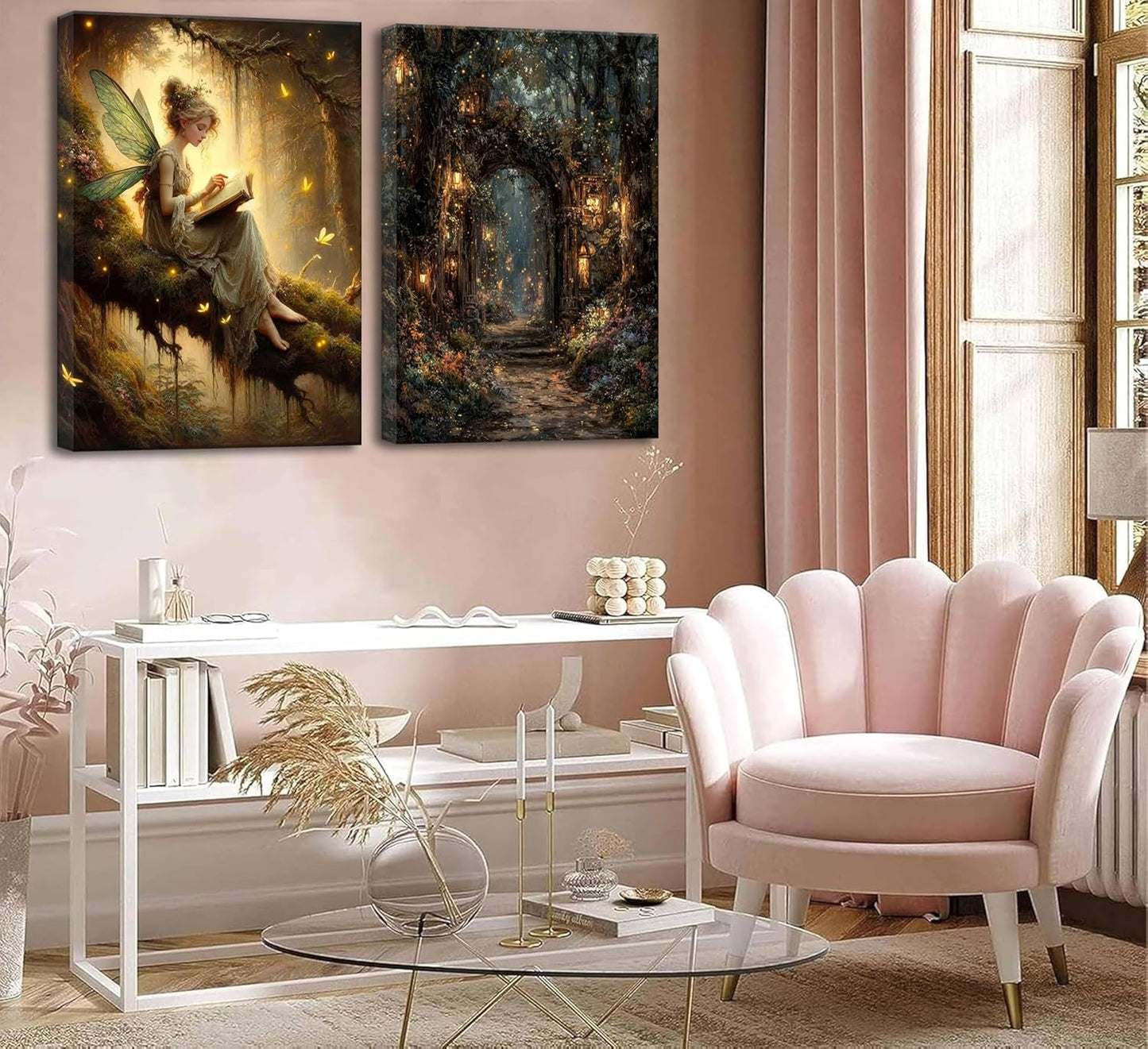 2Pcs Vintage Forest Fairy Canvas Wall Art Sitting On Branch Reading A Book Enchanted Fairy Portal Forest Pictures Wall Decor Posters Prints Girly Aesthetic for College Apartment Bedroom
