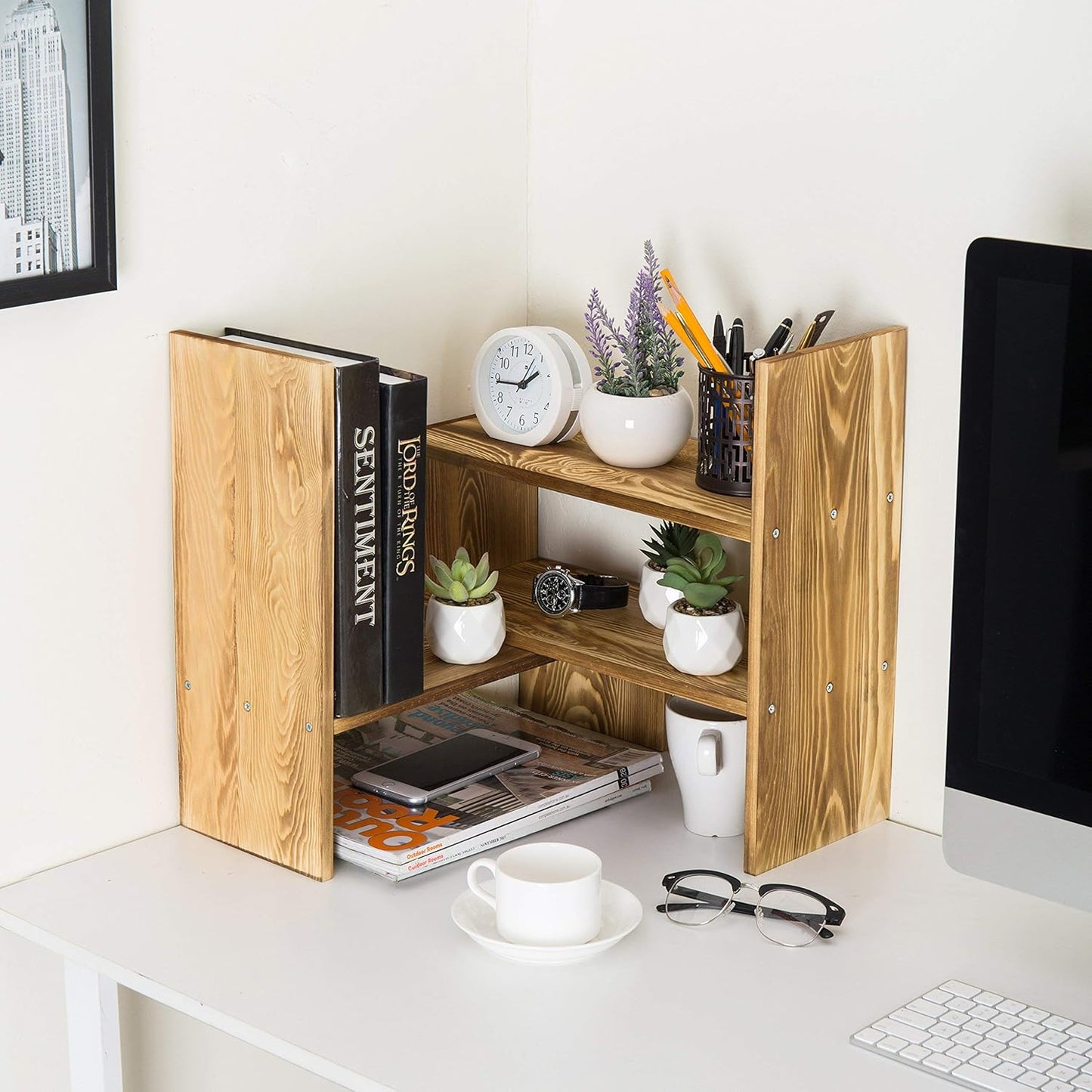 MyGift Adjustable Dark Brown Solid Wood Desktop Storage Organizer Display Shelf Book Rack, Home Office Desk Decor Bookshelf