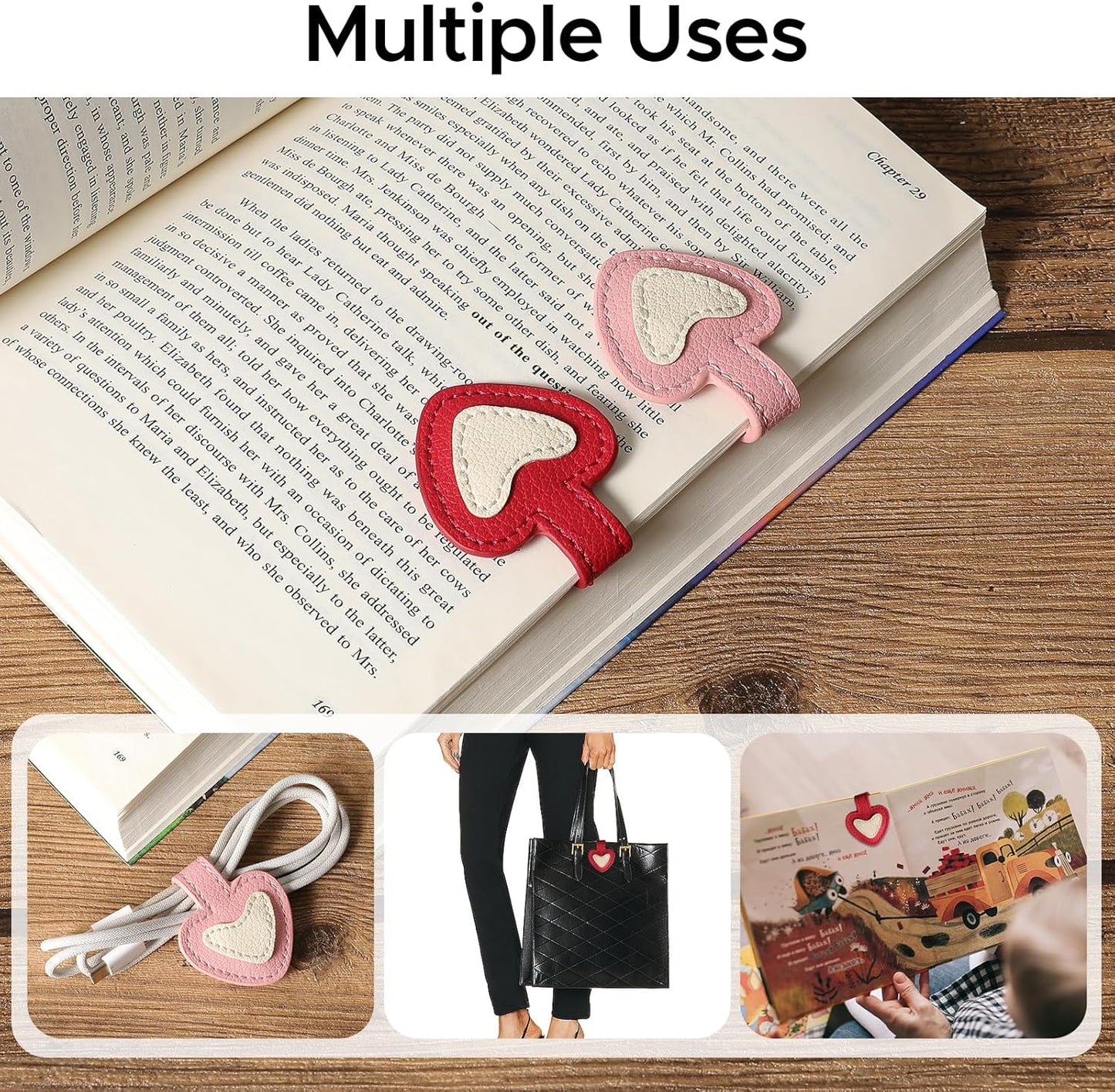 2Pcs Magnetic Leather Bookmark Cat, Heart Magnetic Pen Holder Book Marks Clip Gift for Cat Lover Magnet Page Clips for Women Men Reader Teachers Book Lovers Writer