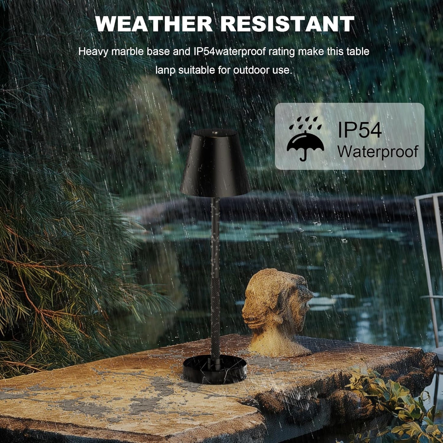 Cordless Table Lamp 2 Pack with Marble Base,5200mAh Battery Operated Lamp,IP54 Waterproof Portable LED Desk Lamp,3-Color Stepless Dimming, Height Adjustable for Patio,Bedroom,Restaurant(Black)