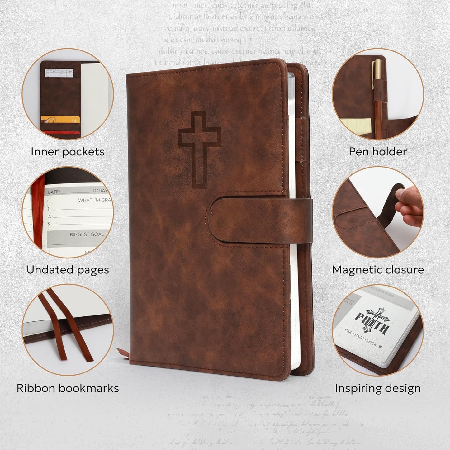 Prazoli Leather Christian Bible Prayer Journal For Men - Study Scripture Notebook & Planner Daily Devotional Undated | Religious Jesus Faith Gifts for Graduation, Pastor Baptism & Church, Cross