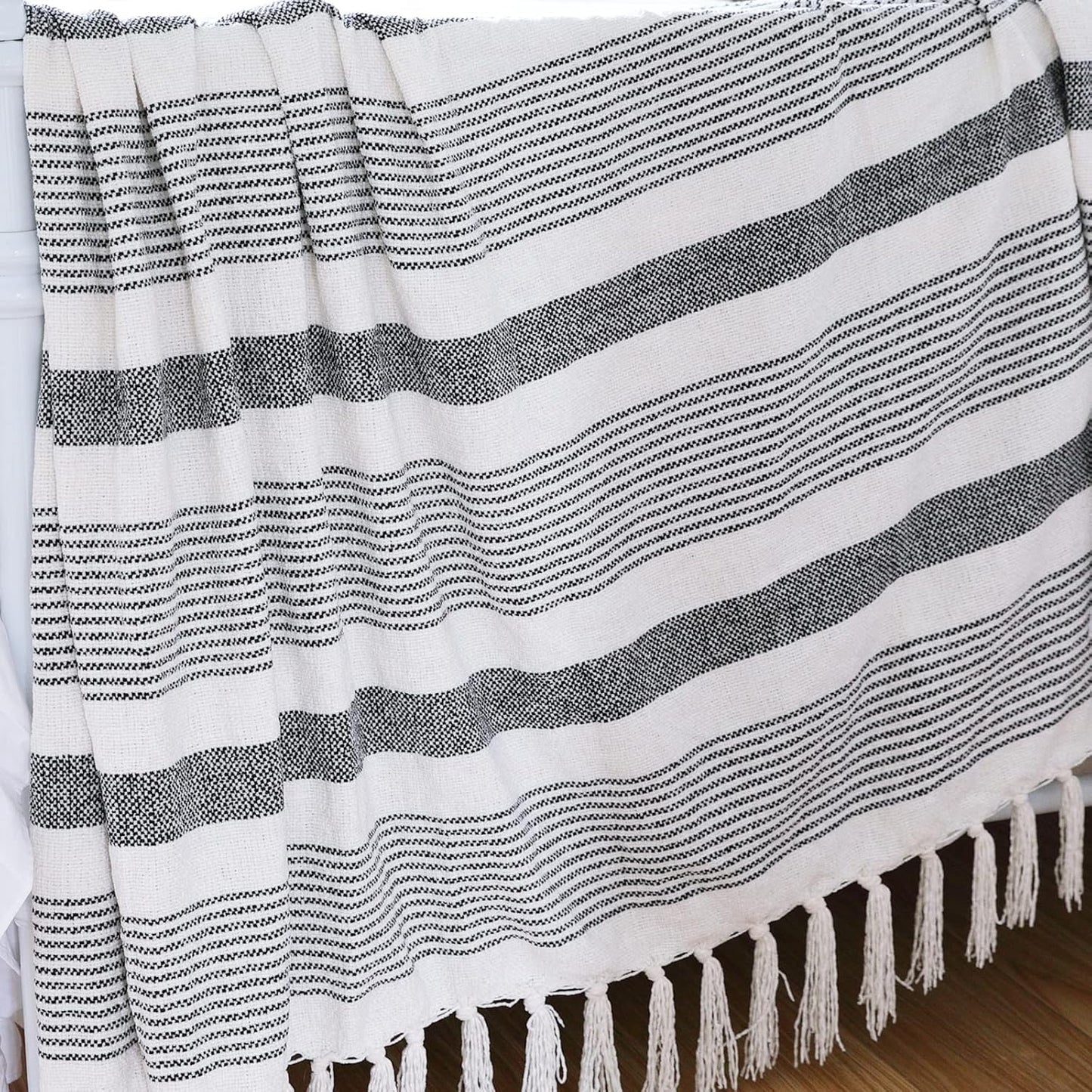 Decorative Black White Striped Throw with Fringe, Soft Chenille Knitted Farmhouse Lightweight Blanket with Tassels for Couch Sofa Chair Bed Office Home Décor, Black and Ivory, 50" x 60"
