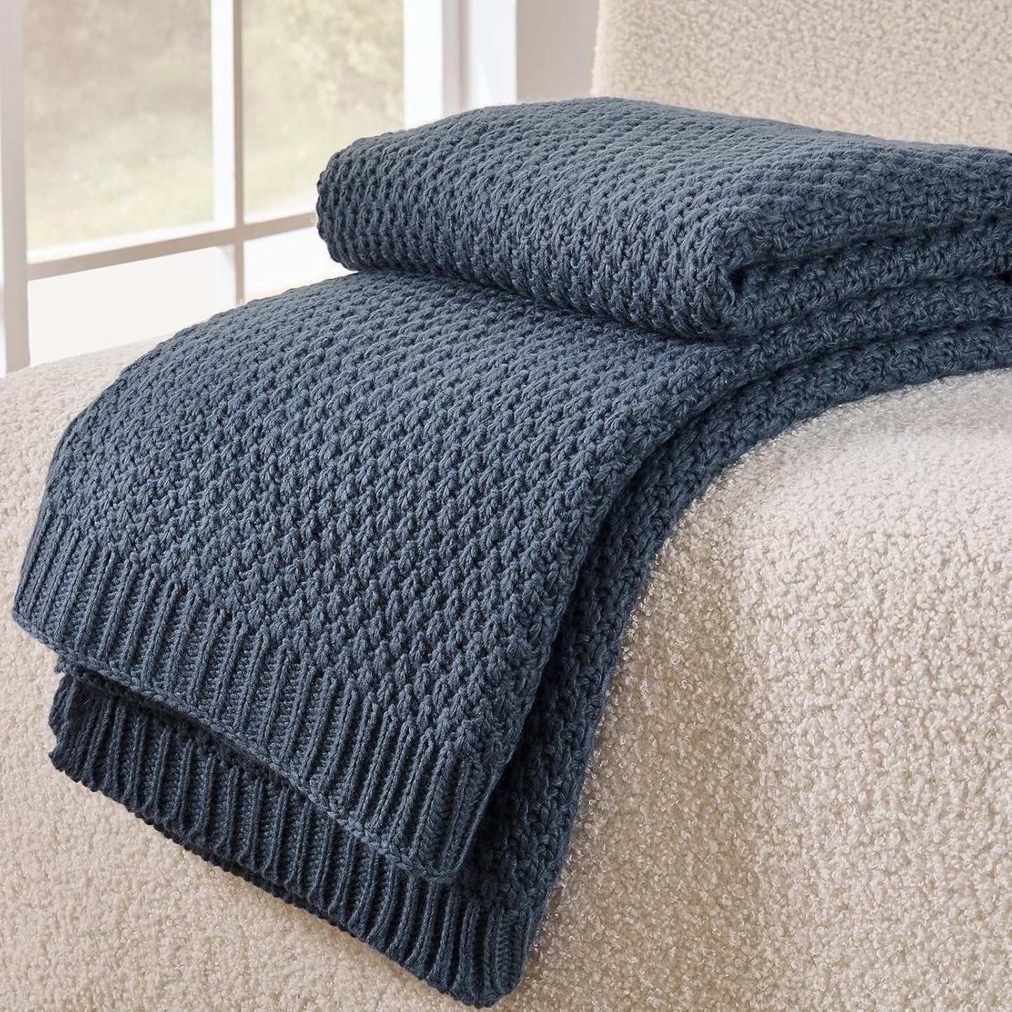 Blue Throw Blanket, Knit Throw Blanket for Couch, Soft Cozy Warm Lightweight Reversible Decorative Moss Stitch Cable Knitted Blankets for Bed, 60x80 Inches, Dusty Blue