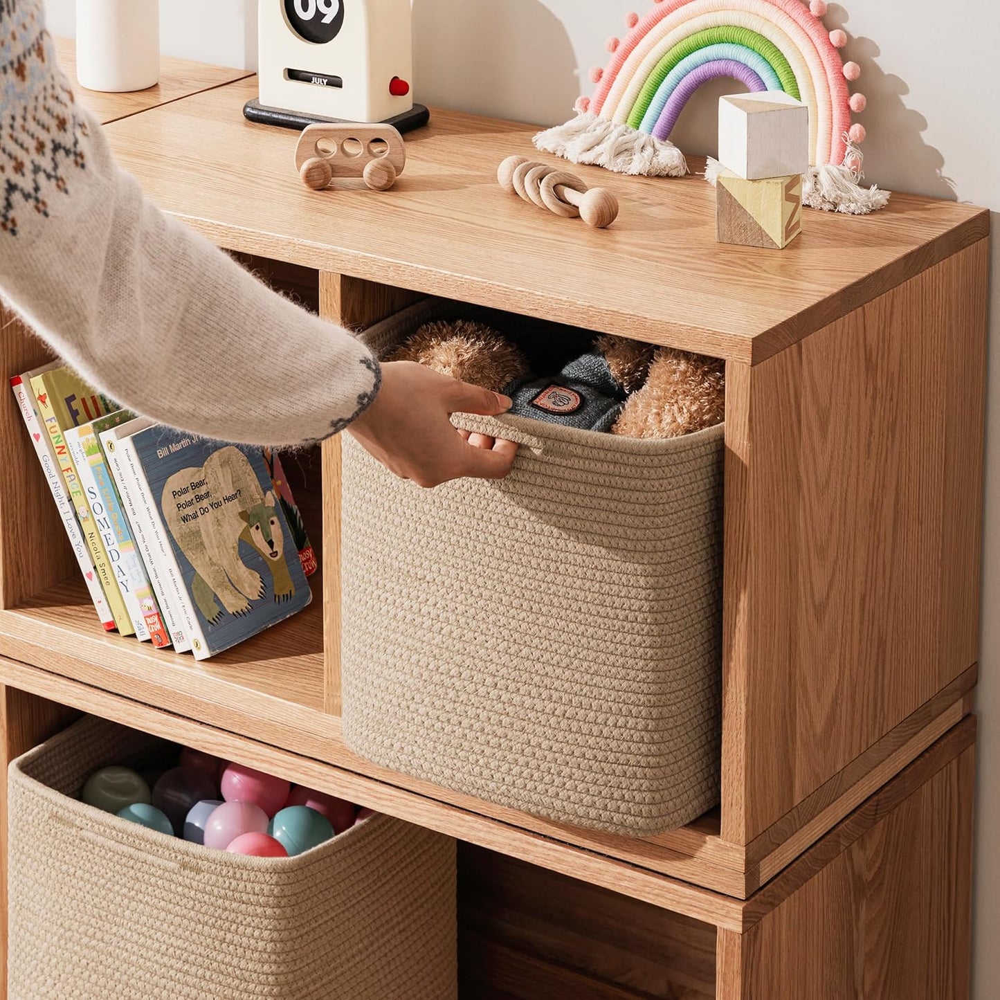 joybest 13x13x13 Inch Cube Storage Bins Set of 4, Cotton Rope Woven Organizer Basket for Shelves, Cube Bin Square Shelves Organizer Closet Storage, Nursery, Toy Organization, Brown