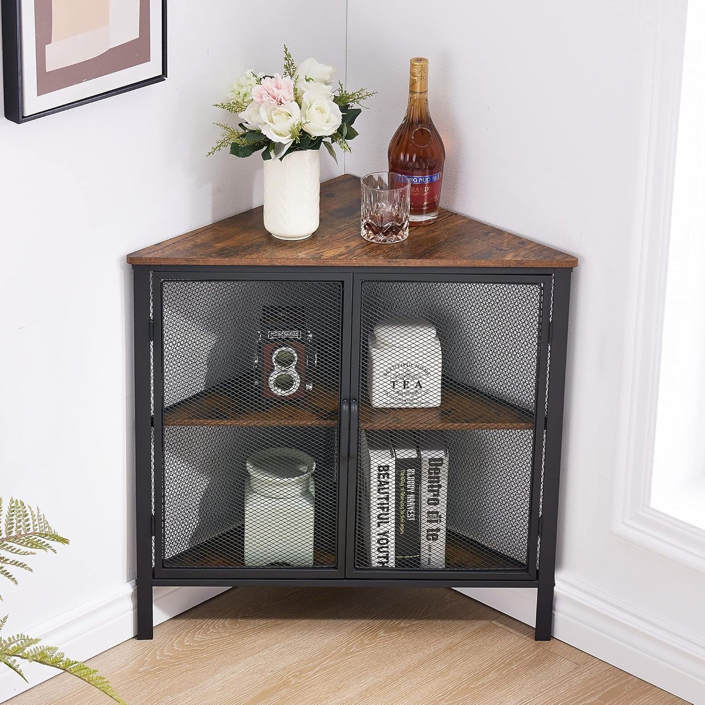 VECELO Corner Cabinet with Two Doors and Shelves, Free-Standing Storage Organizer for Small Space in Living Room/Bedroom/Kitchen, Brown and Black