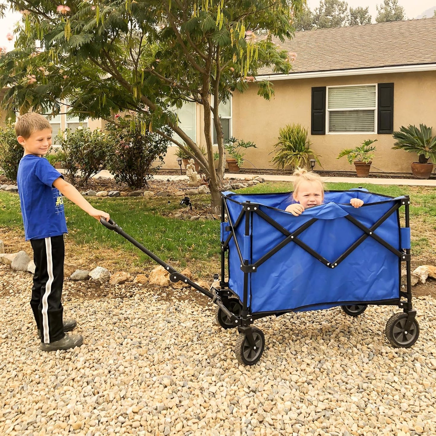 Sunjoy Collapsible Wagon with 255L Large Capacity, Utility Foldable Wagon Cart, Heavy Duty Beach Wagon with Big Wheels, Portable Garden Cart for Camping Fishing Sports Shopping, Blue
