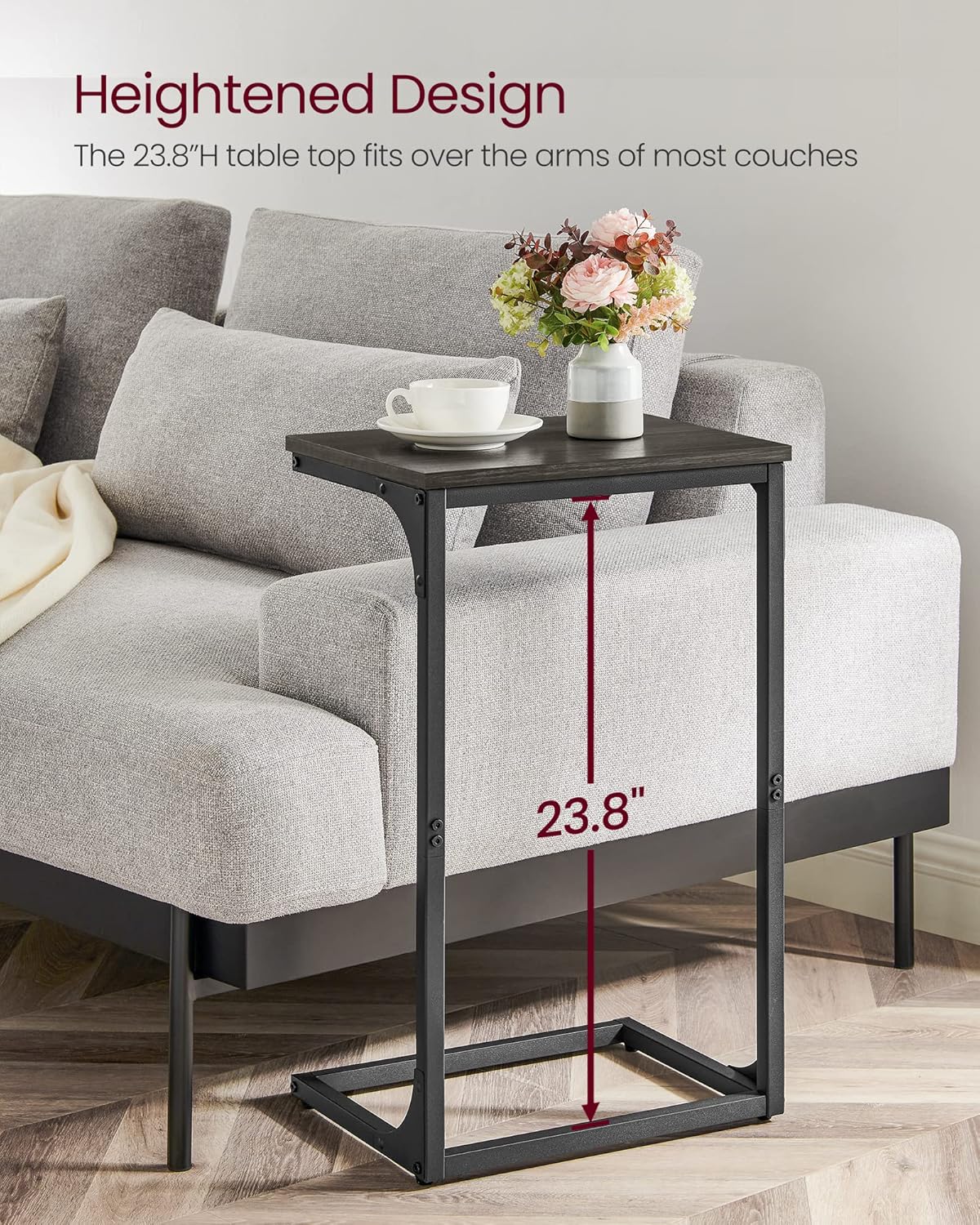 VASAGLE C-Shaped End Table, Side Table for Sofa, Couch Table with Metal Frame, Small TV Tray Table for Living Room, Bedroom, Ebonized Oak Finish and Black ULET353B42