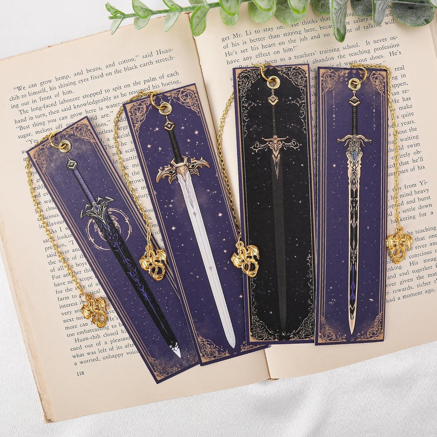 Dragon Sword Bookmark Gifts - 4 Pcs Purple Cool Vintage Bookmarks for Men Reading Lovers Kids Teacher Students Gold Pendant Charm Fantasy Anime Book Marks Office Home Supplies Birthday Gift