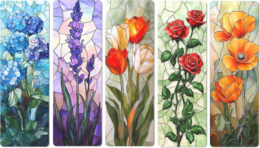 TwoDays 5Pcs Stained Glass Art Flower Bookmark - Transparent PVC Bookmark for Reading Women, Floral Bookish Gifts for Book Lovers Booktok, Cute Book Accessories (6'' X 2'')